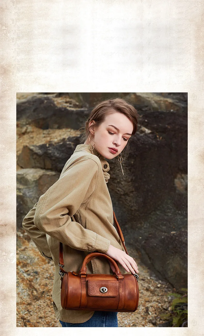Green Leather Womens Barrel Handbag Handmade Barrel Handbag Crossbody Purse for Ladies
