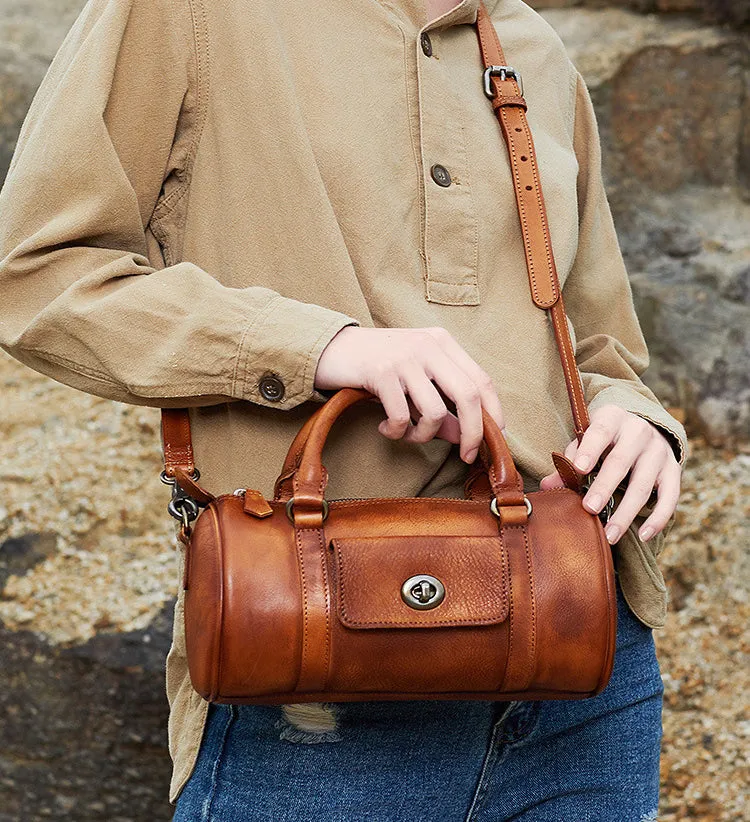 Green Leather Womens Barrel Handbag Handmade Barrel Handbag Crossbody Purse for Ladies
