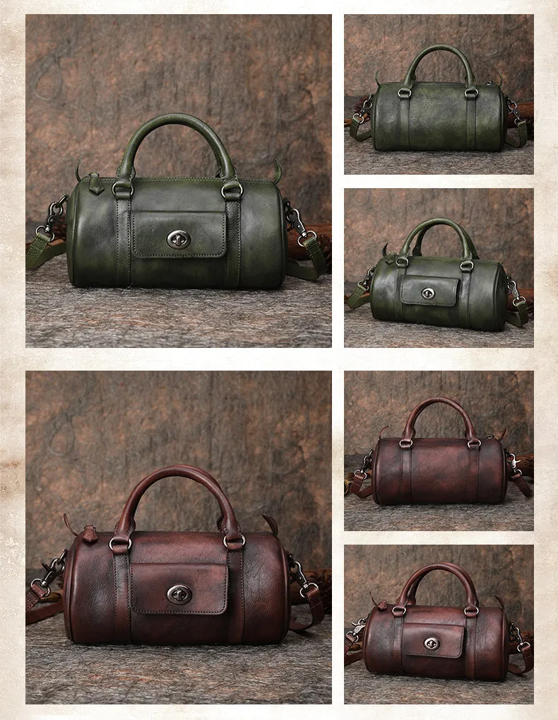 Green Leather Womens Barrel Handbag Handmade Barrel Handbag Crossbody Purse for Ladies