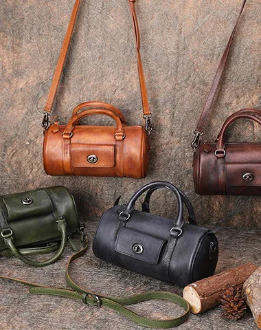 Green Leather Womens Barrel Handbag Handmade Barrel Handbag Crossbody Purse for Ladies