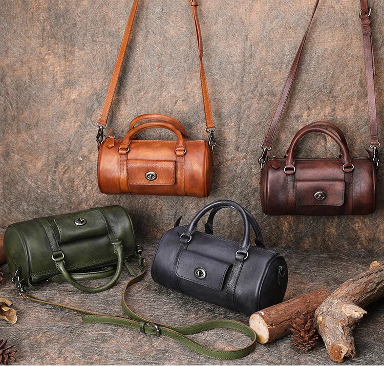 Green Leather Womens Barrel Handbag Handmade Barrel Handbag Crossbody Purse for Ladies