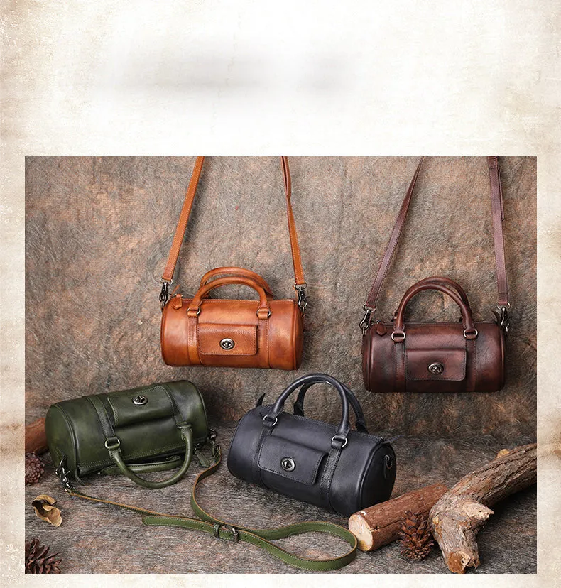 Green Leather Womens Barrel Handbag Handmade Barrel Handbag Crossbody Purse for Ladies