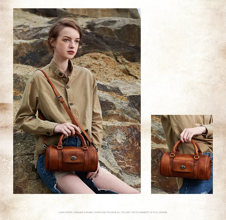 Green Leather Womens Barrel Handbag Handmade Barrel Handbag Crossbody Purse for Ladies