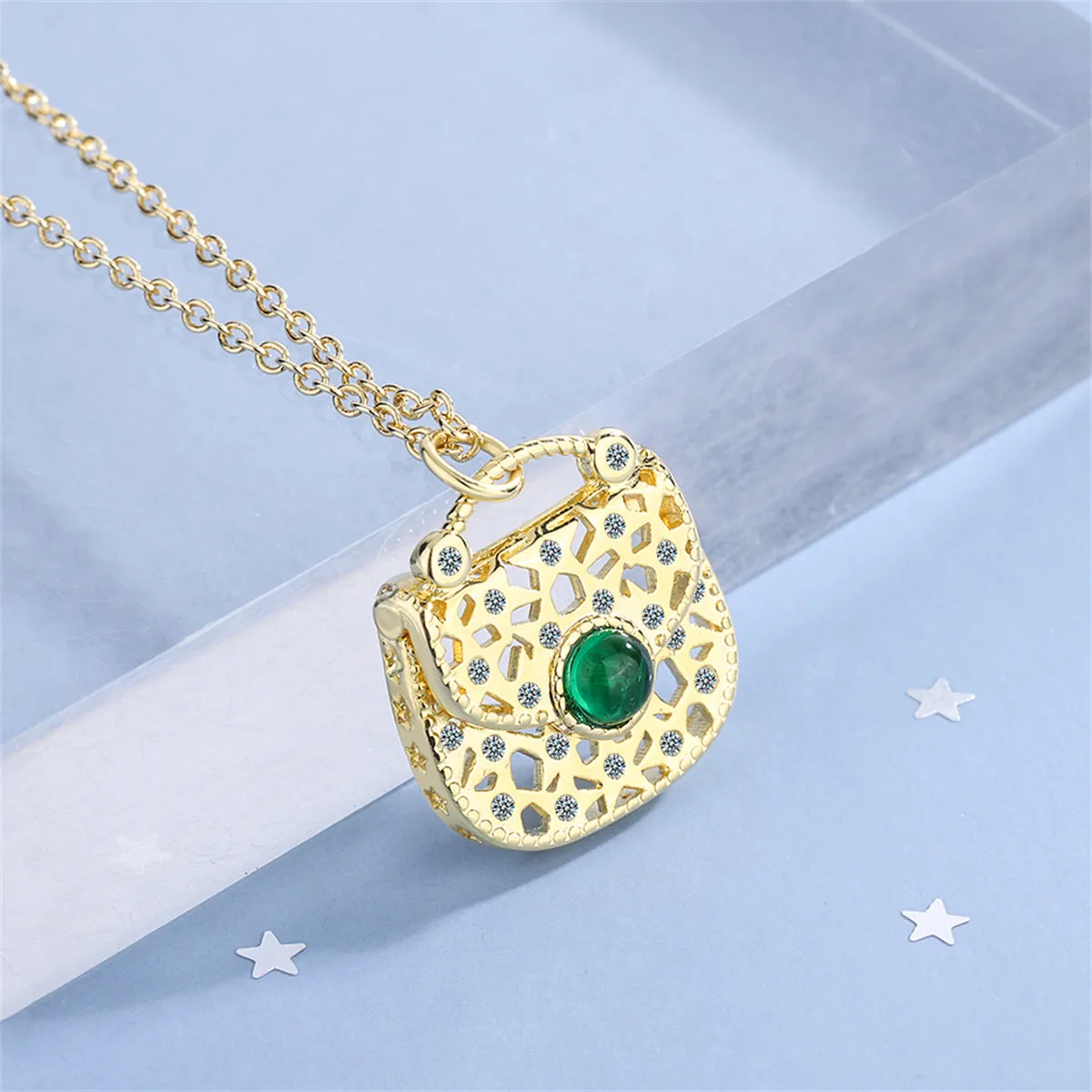 Green Moonstone & Cubic Zirconia Handbag Pendant Necklace