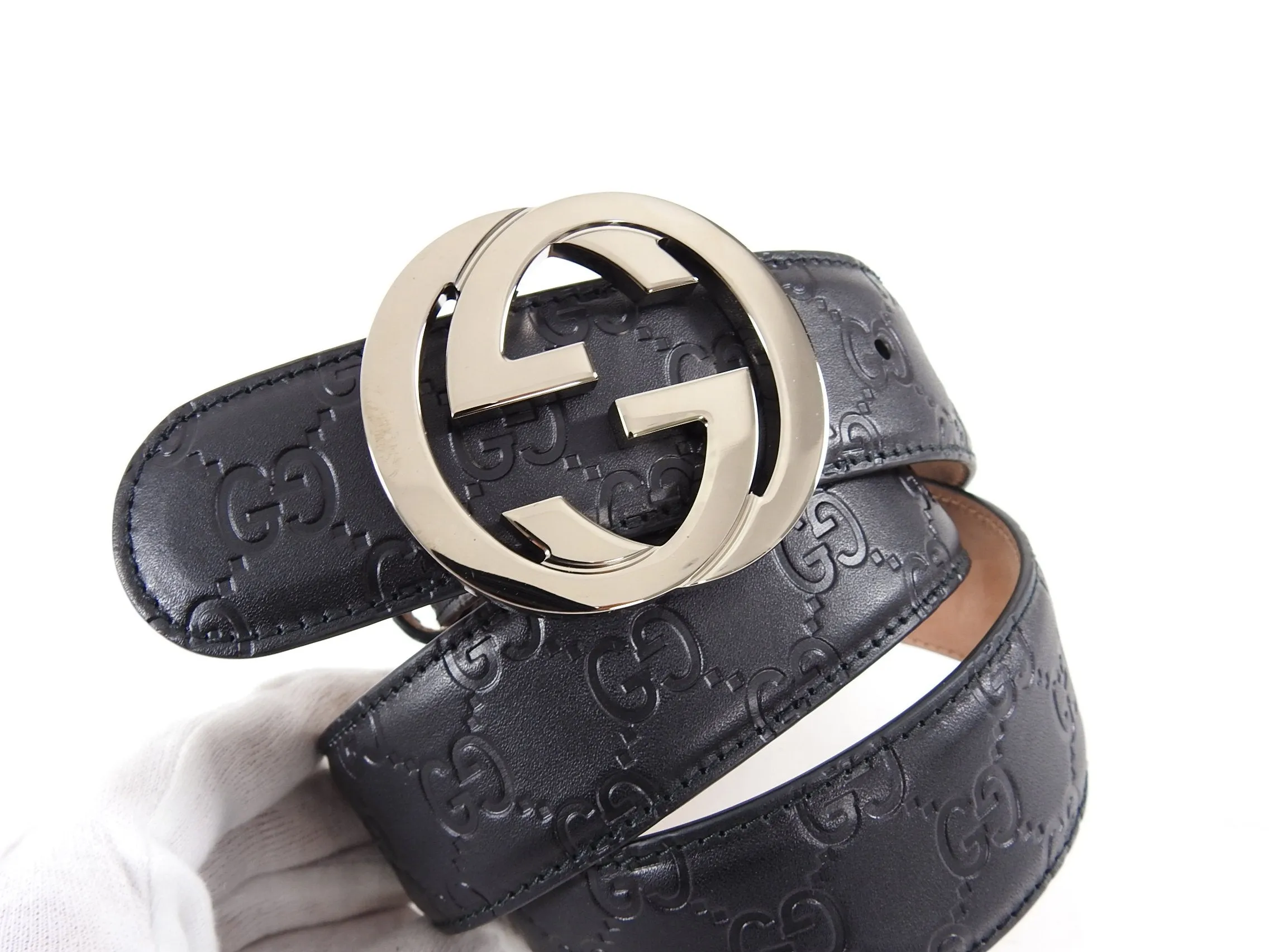 Gucci Black Signature Monogram GG Buckle Guccissima Leather Belt - 100 , 105, 115