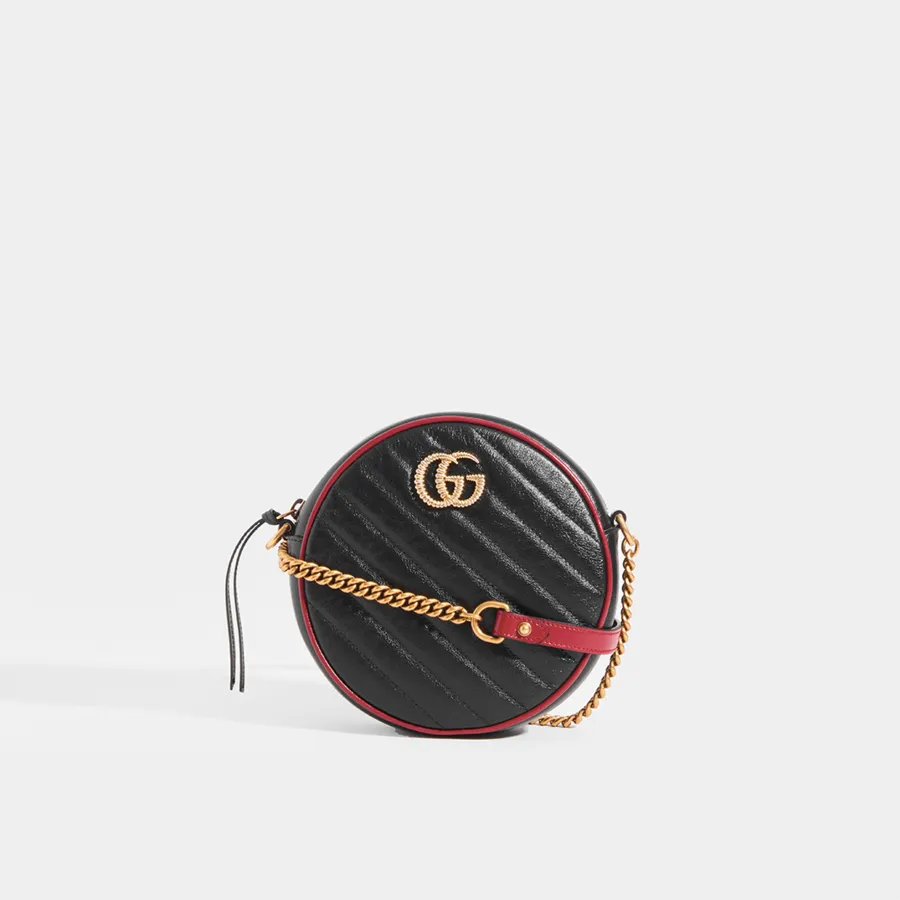 Gucci GG Mini Marmont Round Shoulder Bag in Black with Red Trim