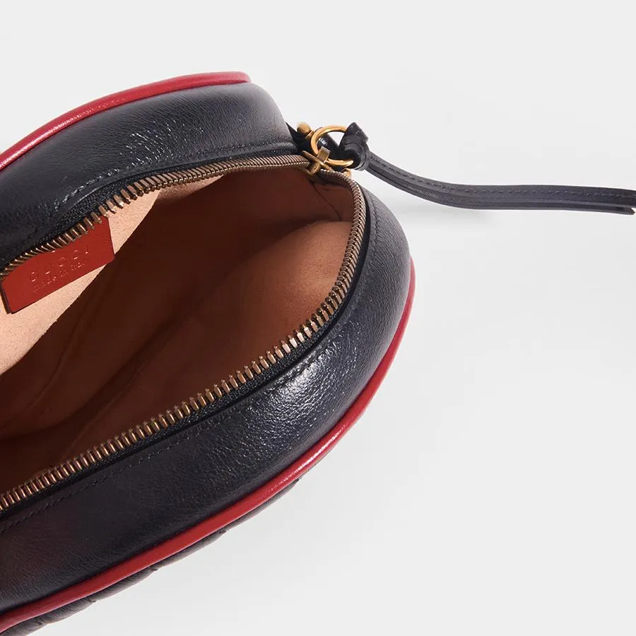 Gucci GG Mini Marmont Round Shoulder Bag in Black with Red Trim