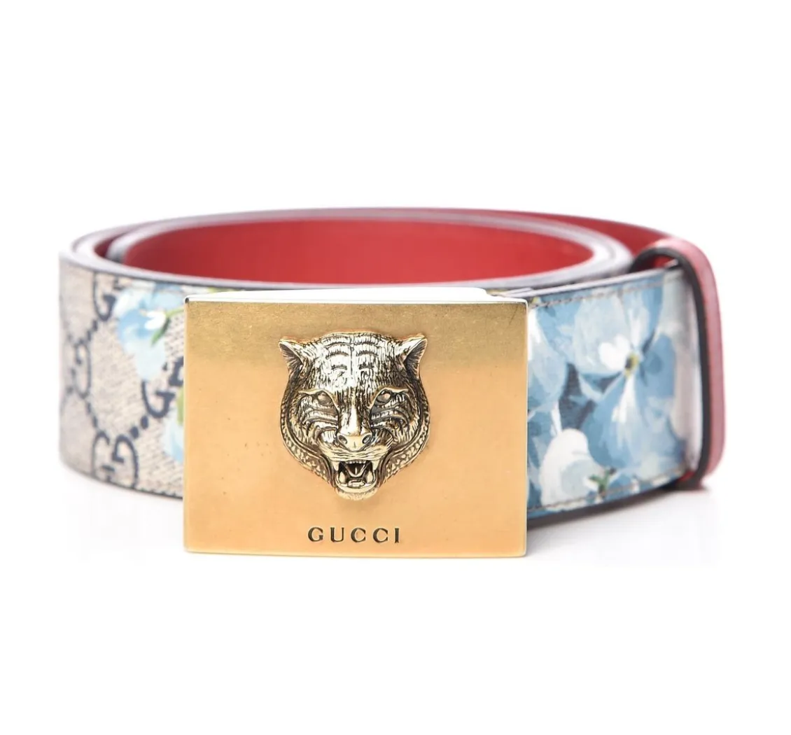 Gucci GG Supreme Blooms Belt with Brass Tiger Head Buckle in Blue