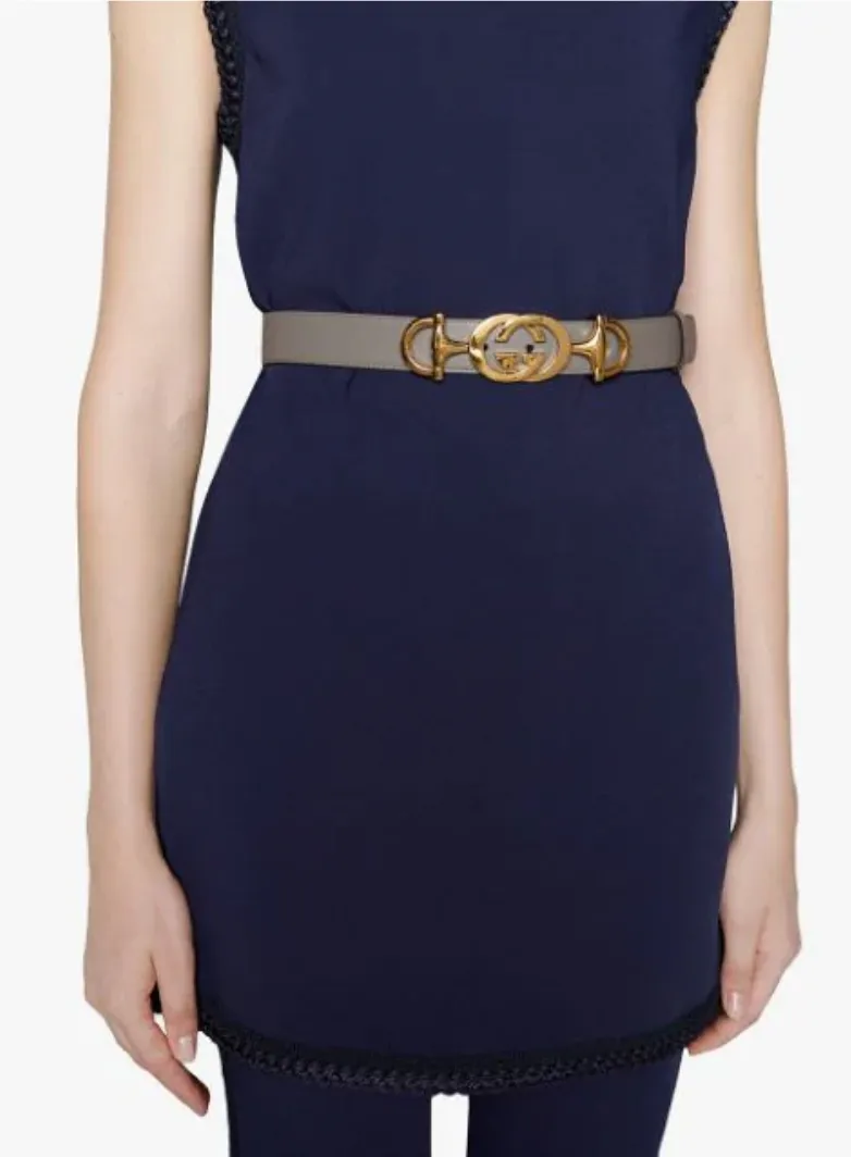 Gucci Leather Belt with Interlocking G Horse-bit Buckle in Gray