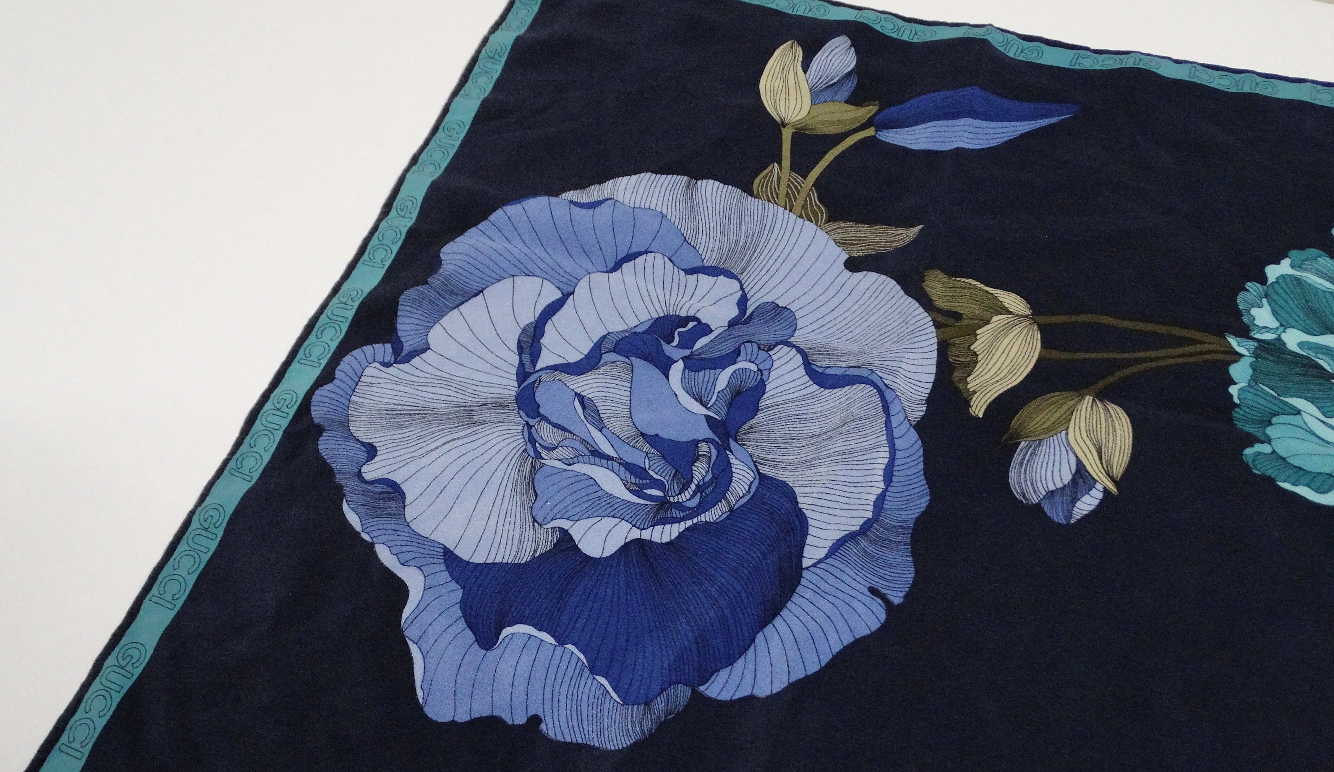 Gucci Vintage Silk Blue Floral Print Scarf
