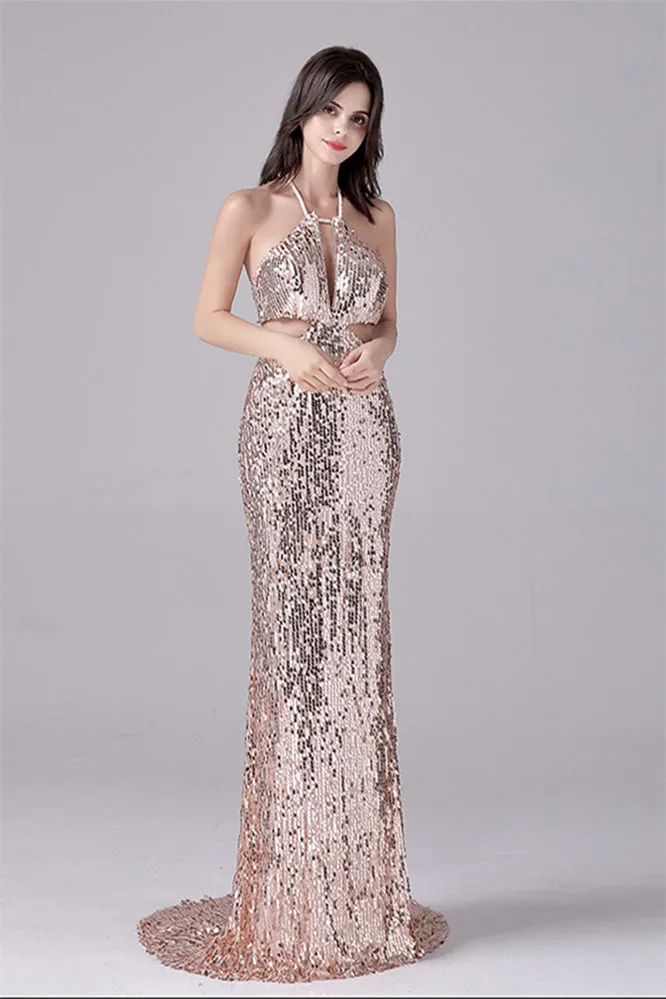 Halter Sleeveless Backless Sequined Floor Length mother's dress