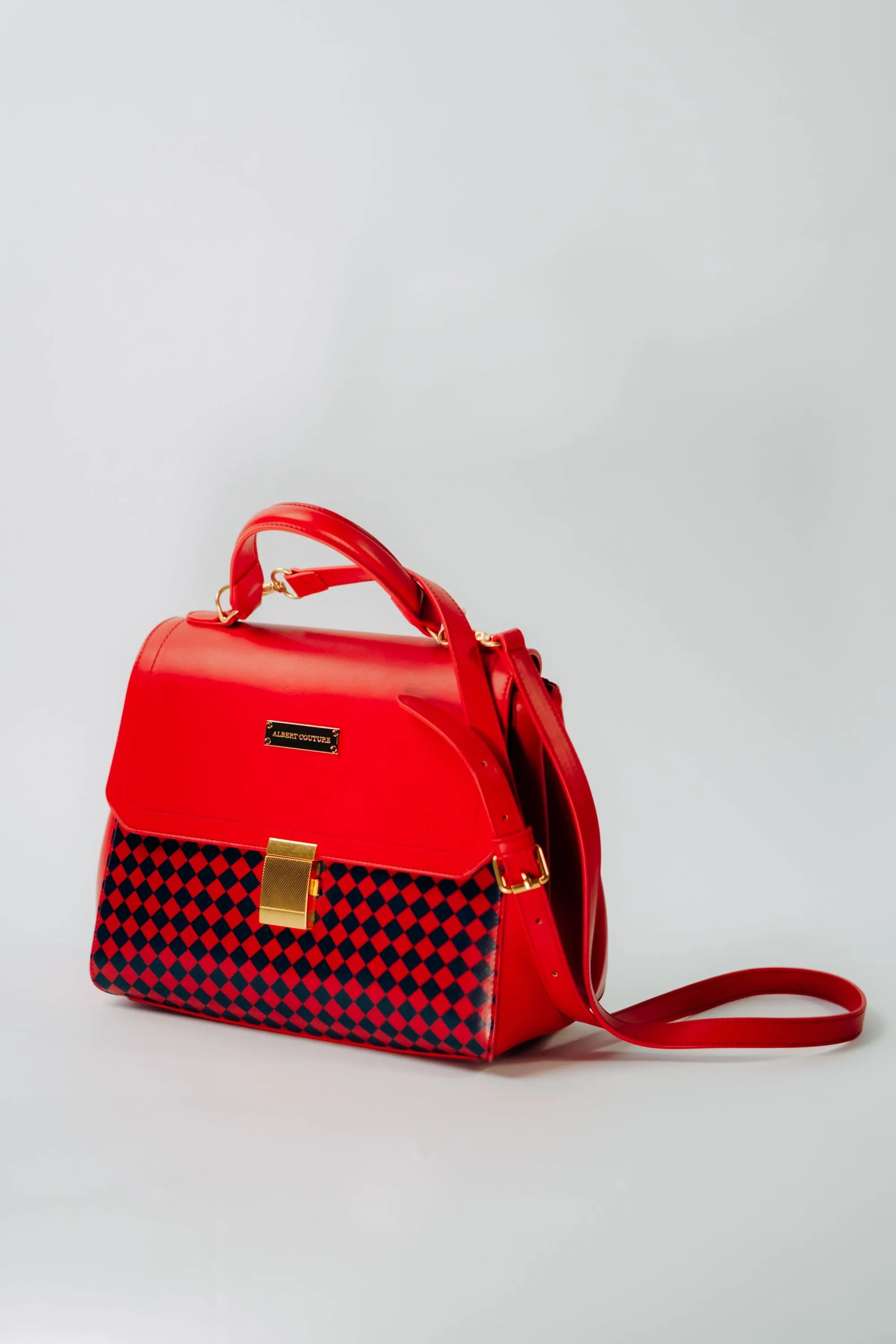 HANDBAG - Ruby Red with Navy Diamonds