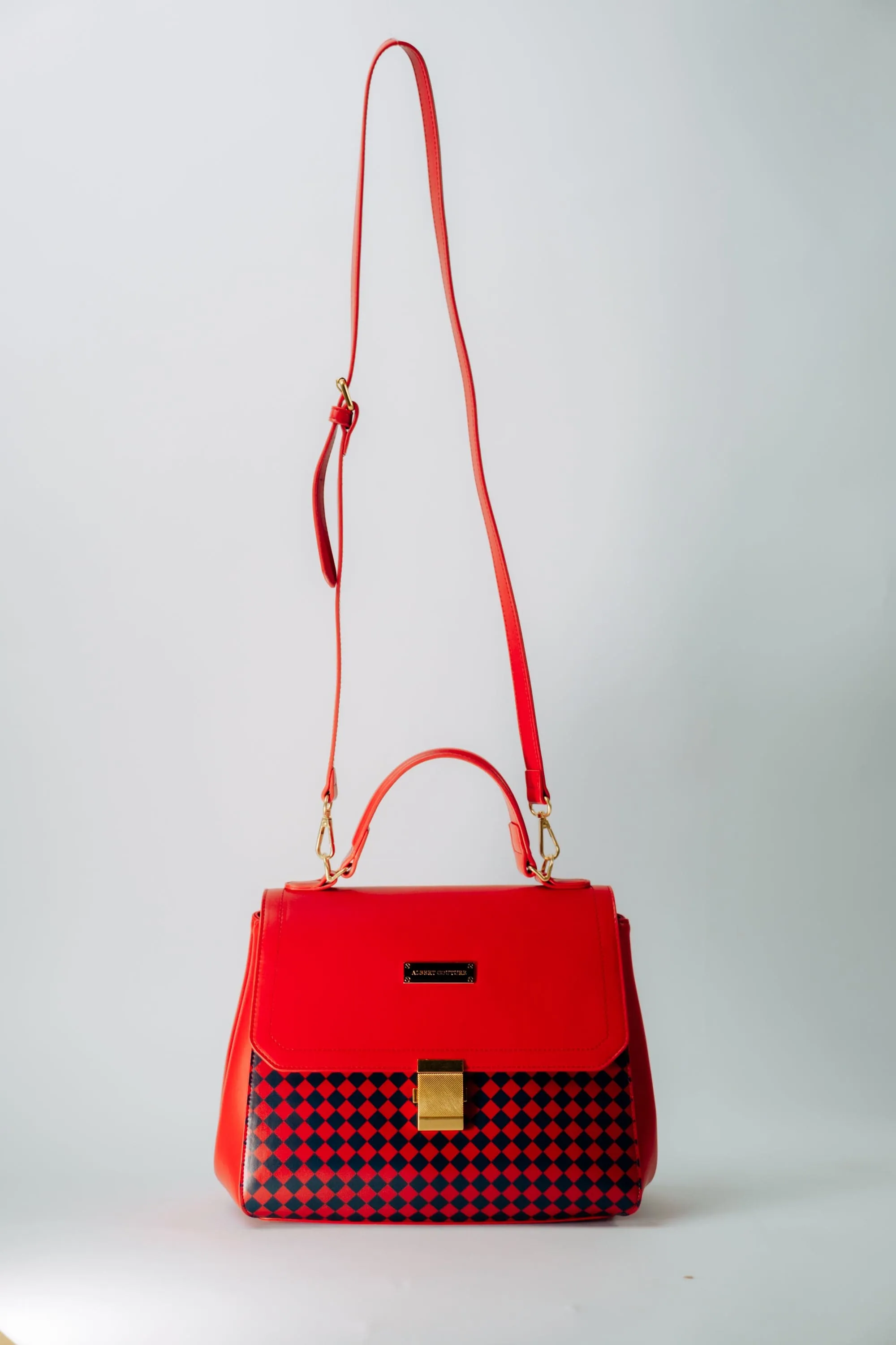 HANDBAG - Ruby Red with Navy Diamonds