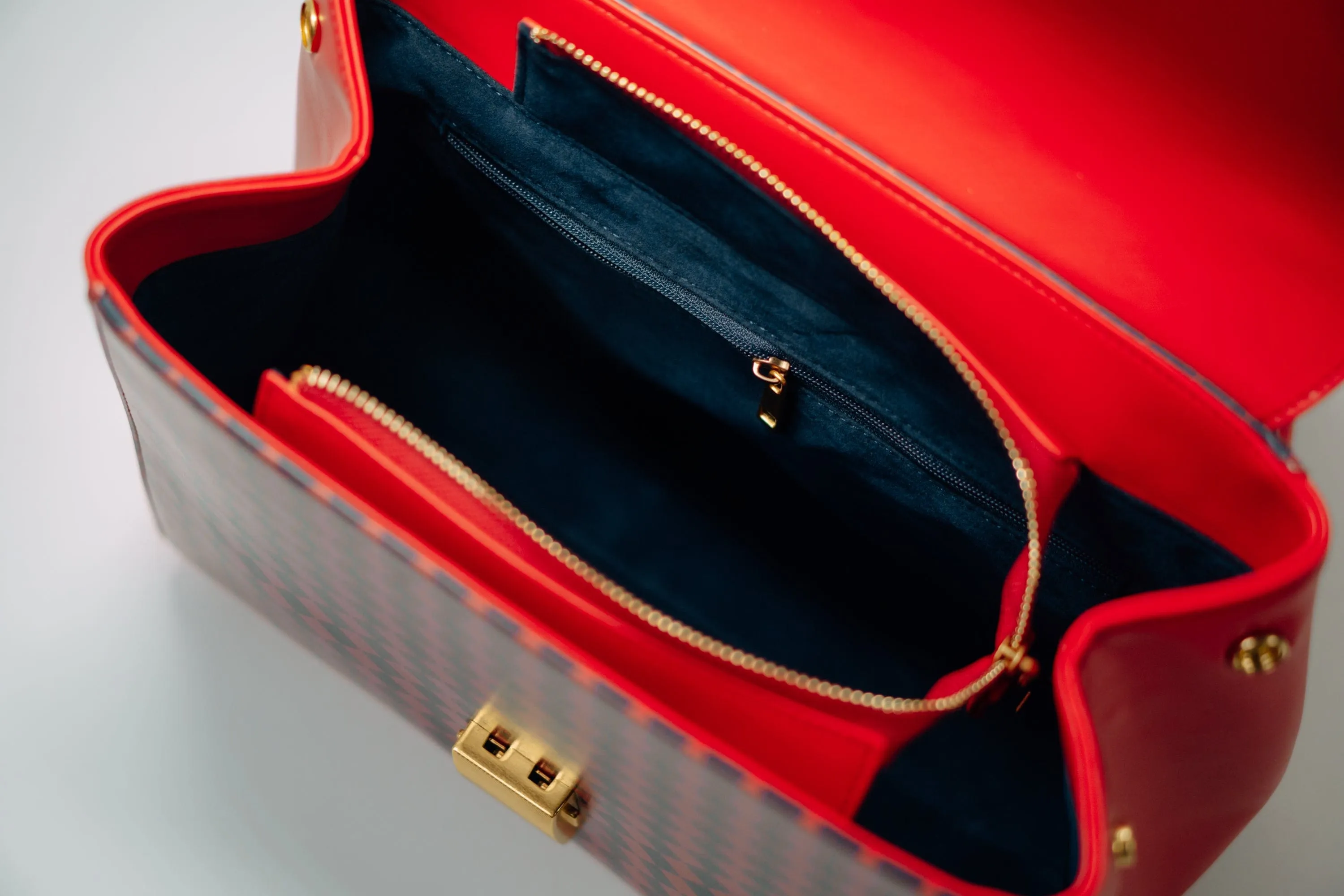 HANDBAG - Ruby Red with Navy Diamonds