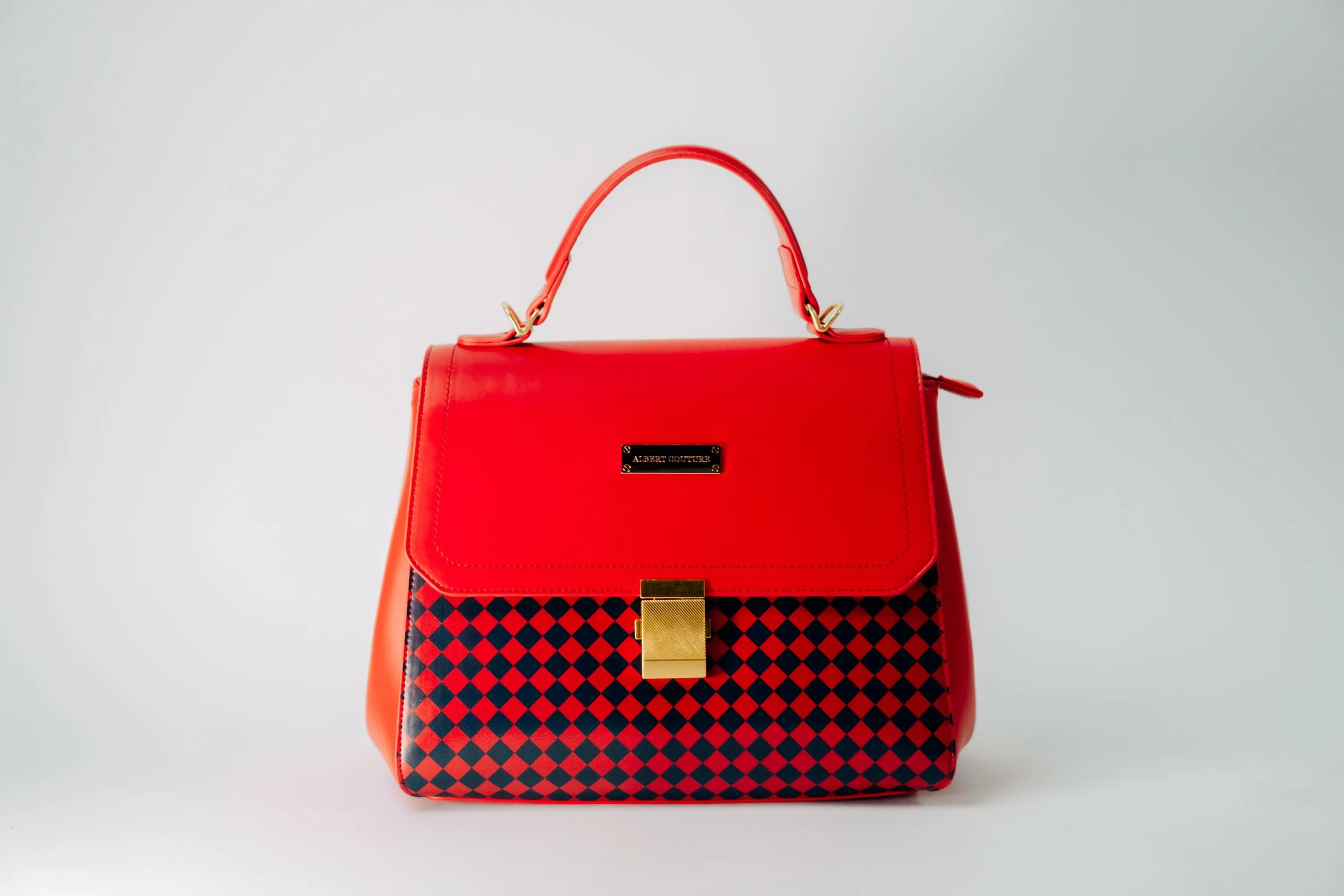HANDBAG - Ruby Red with Navy Diamonds