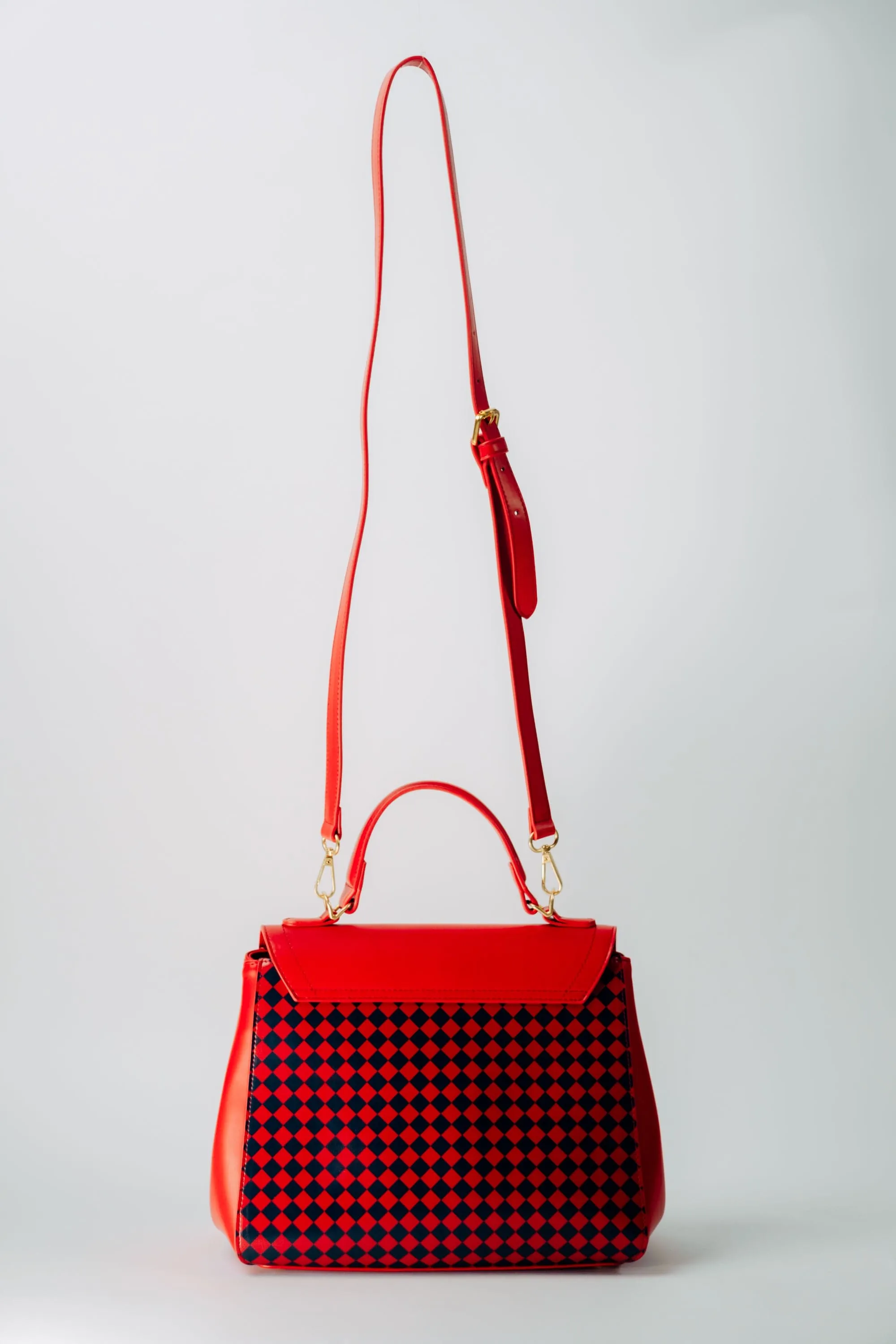 HANDBAG - Ruby Red with Navy Diamonds