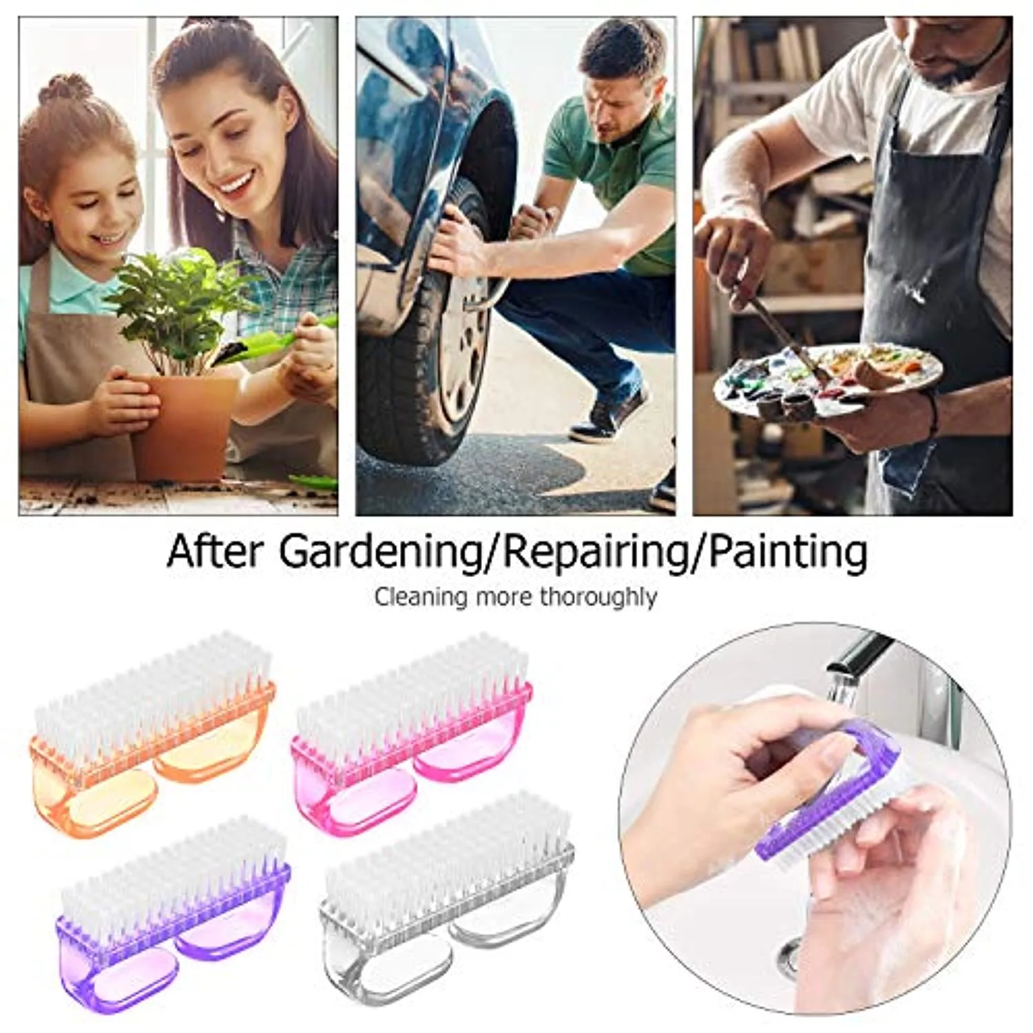 Handle Grip Nail Brush, Larbois Nail Brushes Hand Fingernail Brush Cleaner Scrubbing Kit Pedicure for Toes and Nails Men Women (4 Pack) (Multi Color)