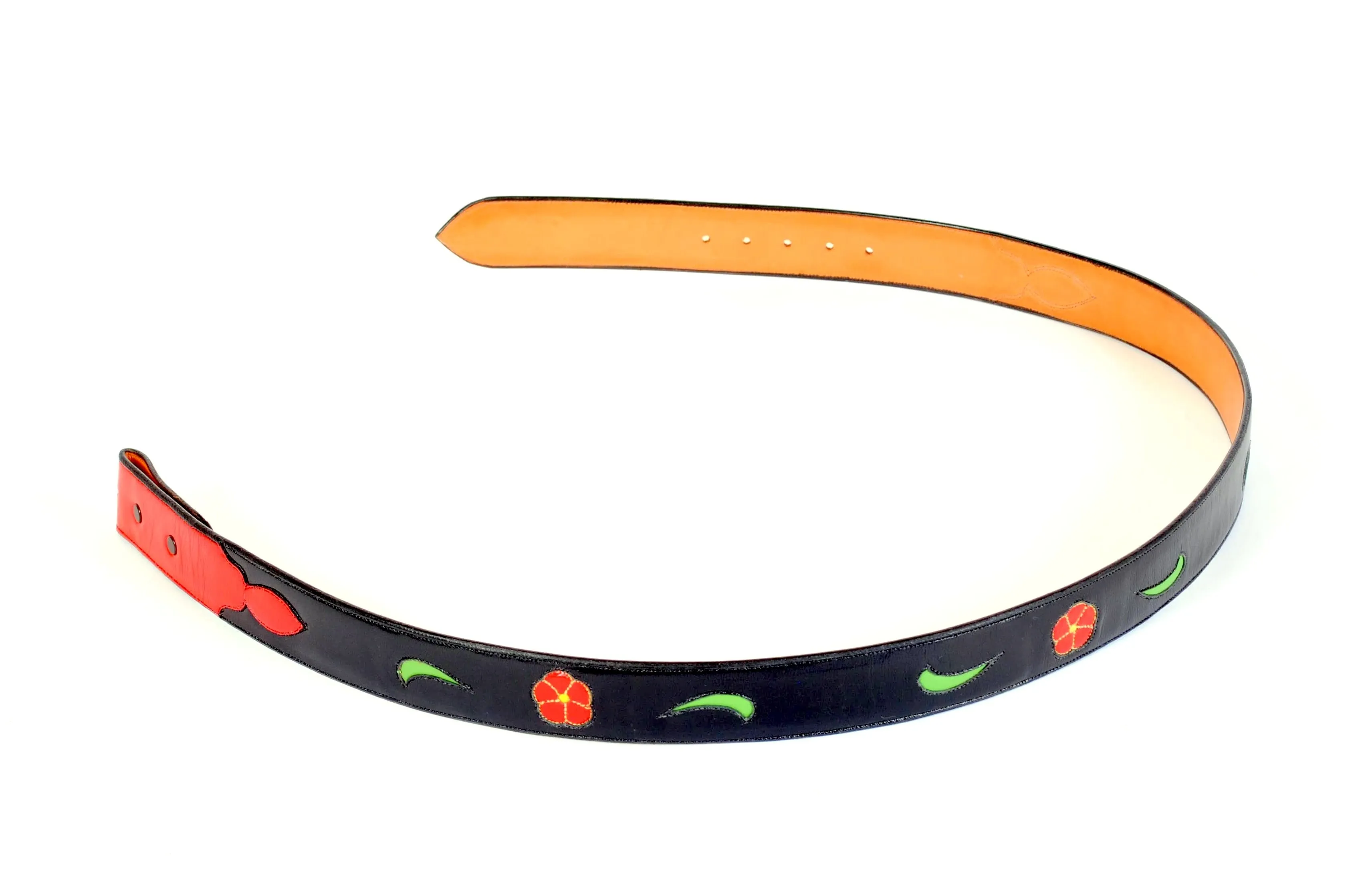 Handmade Black Inlaid Belt Floral & Leaves sz 37-1/2"