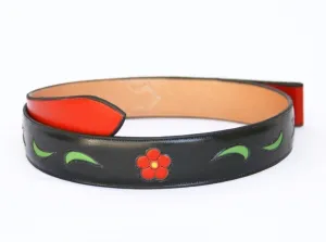 Handmade Black Inlaid Belt Floral & Leaves sz 37-1/2"