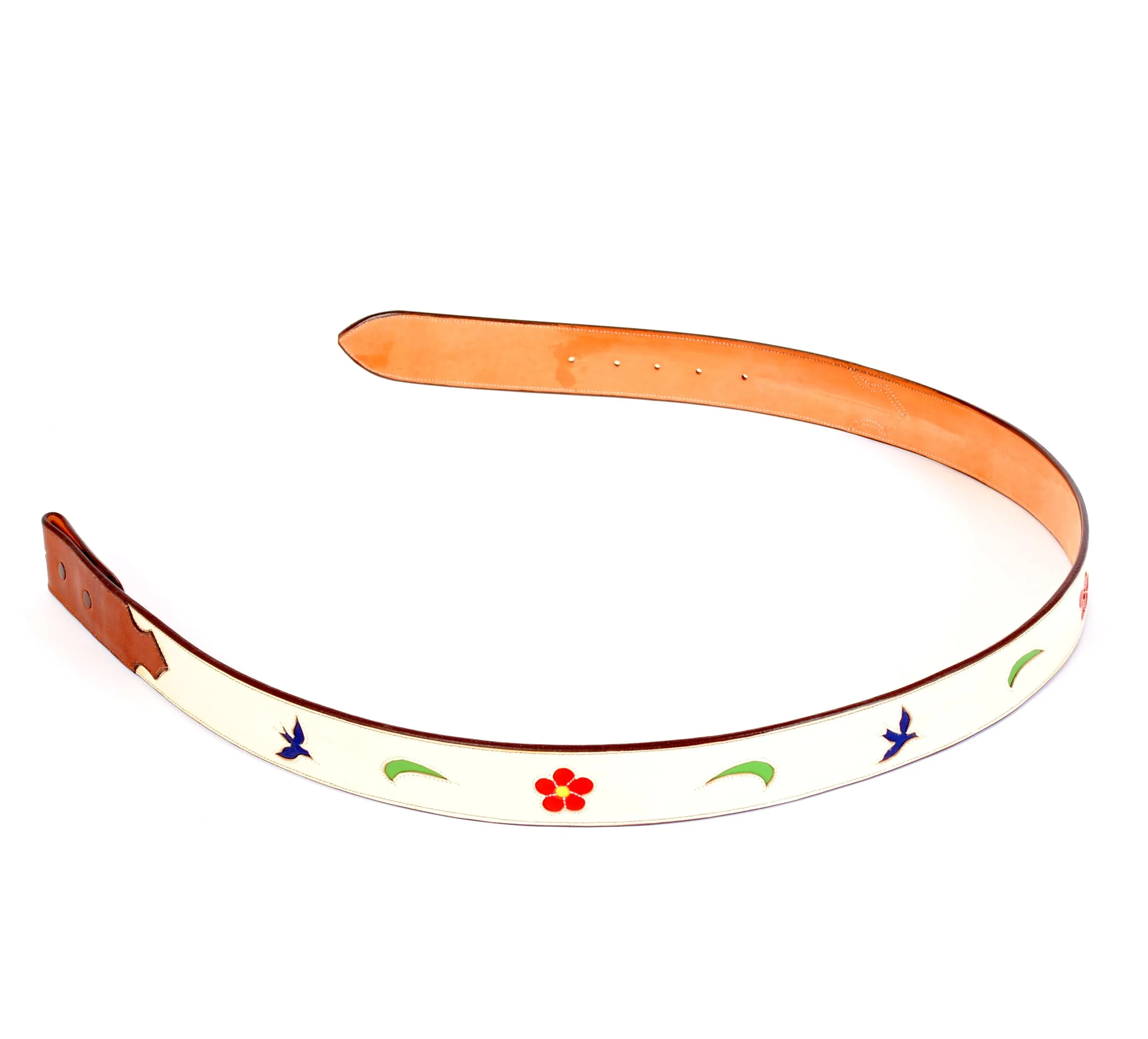 Handmade Leather Belt Cream with Inlaid Bluebird & Floral Designs sz 38"