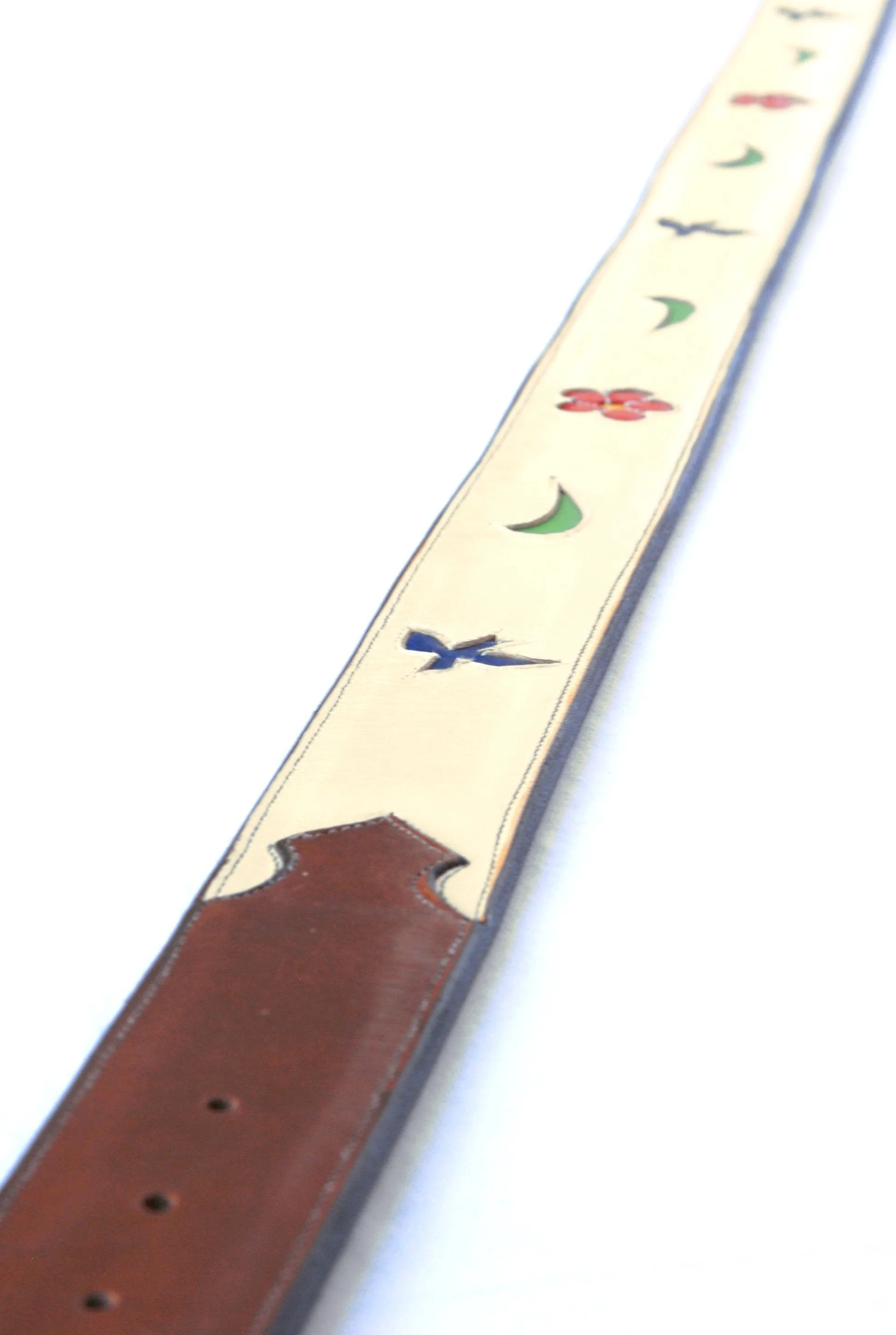 Handmade Leather Belt Cream with Inlaid Bluebird & Floral Designs sz 38"