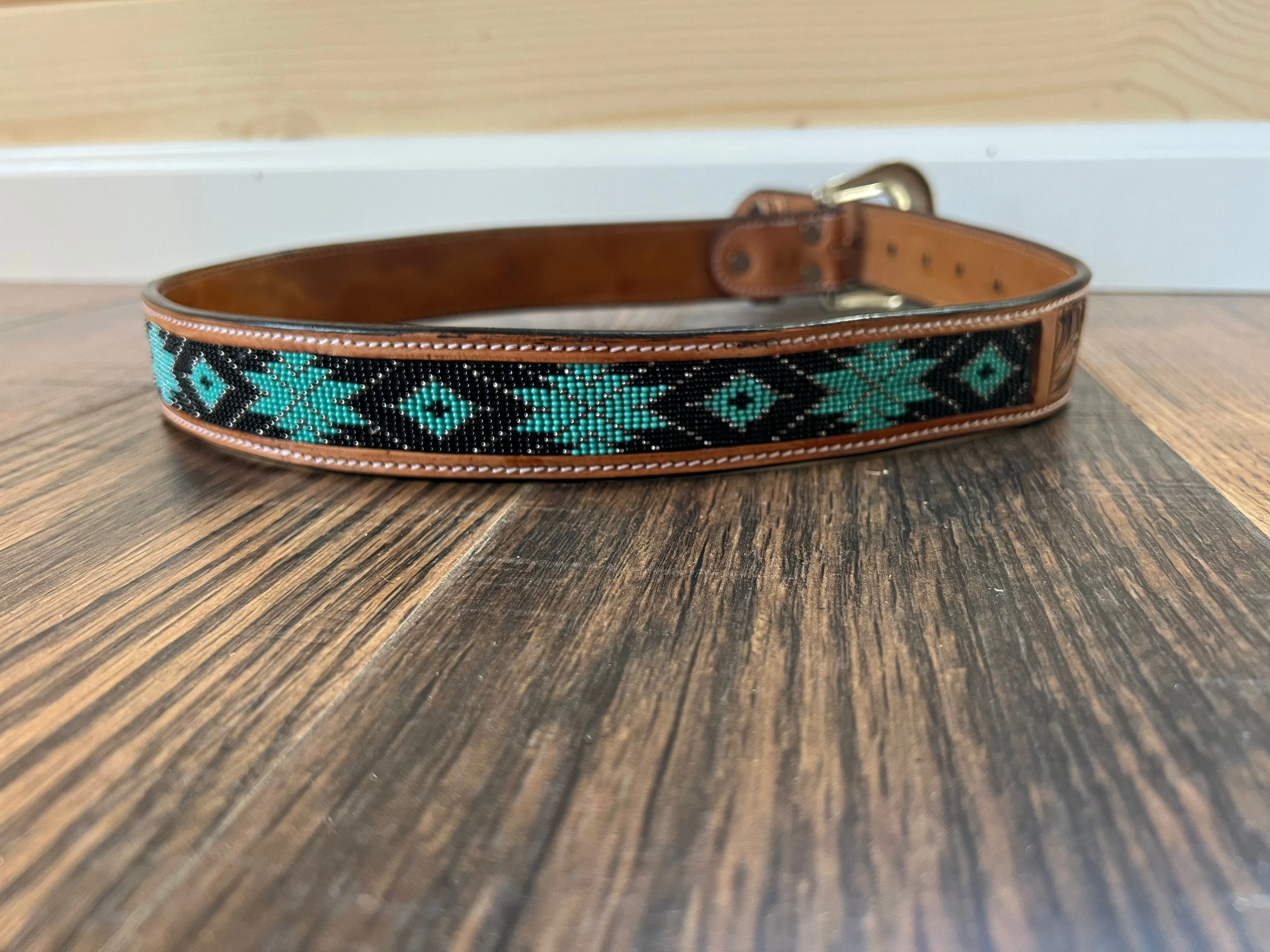 Handmade Leather Belt Tooled with Teal,Black & White Beading