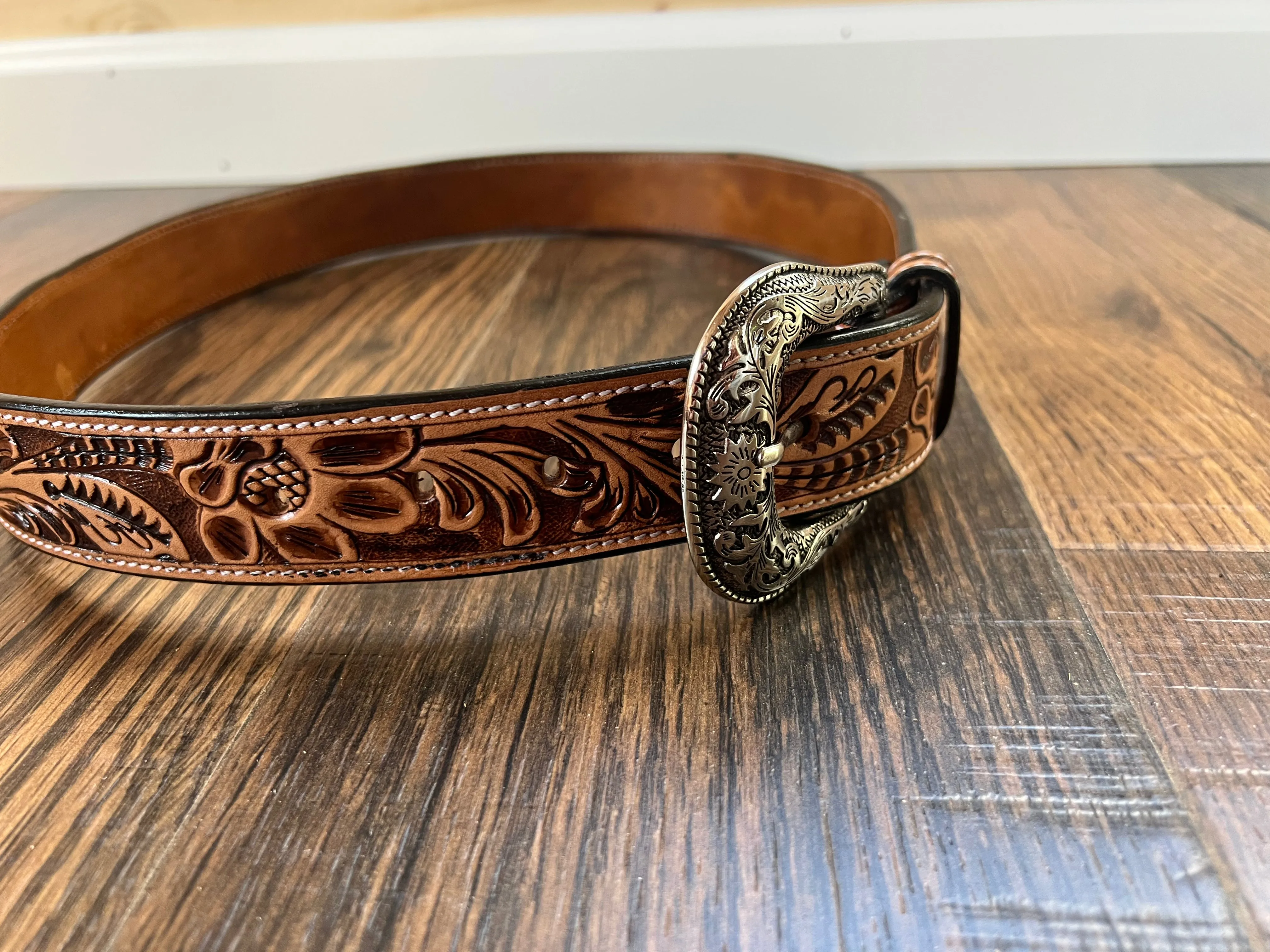 Handmade Leather Belt Tooled with Teal,Black & White Beading