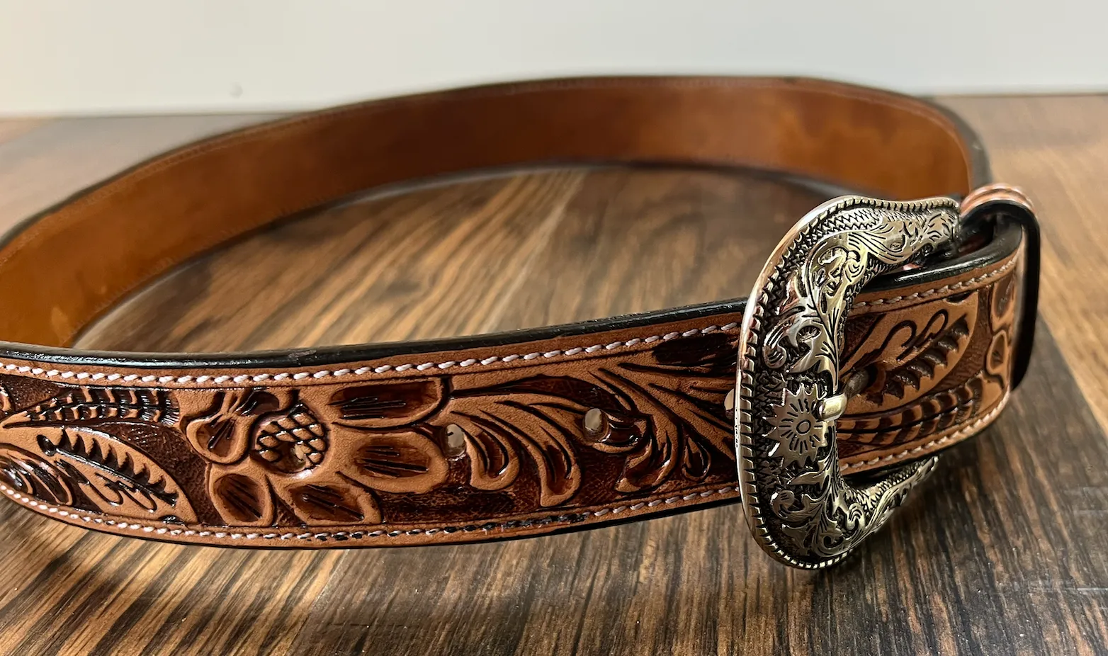Handmade Leather Belt Tooled with Teal,Black & White Beading