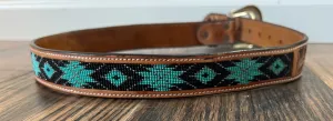 Handmade Leather Belt Tooled with Teal,Black & White Beading