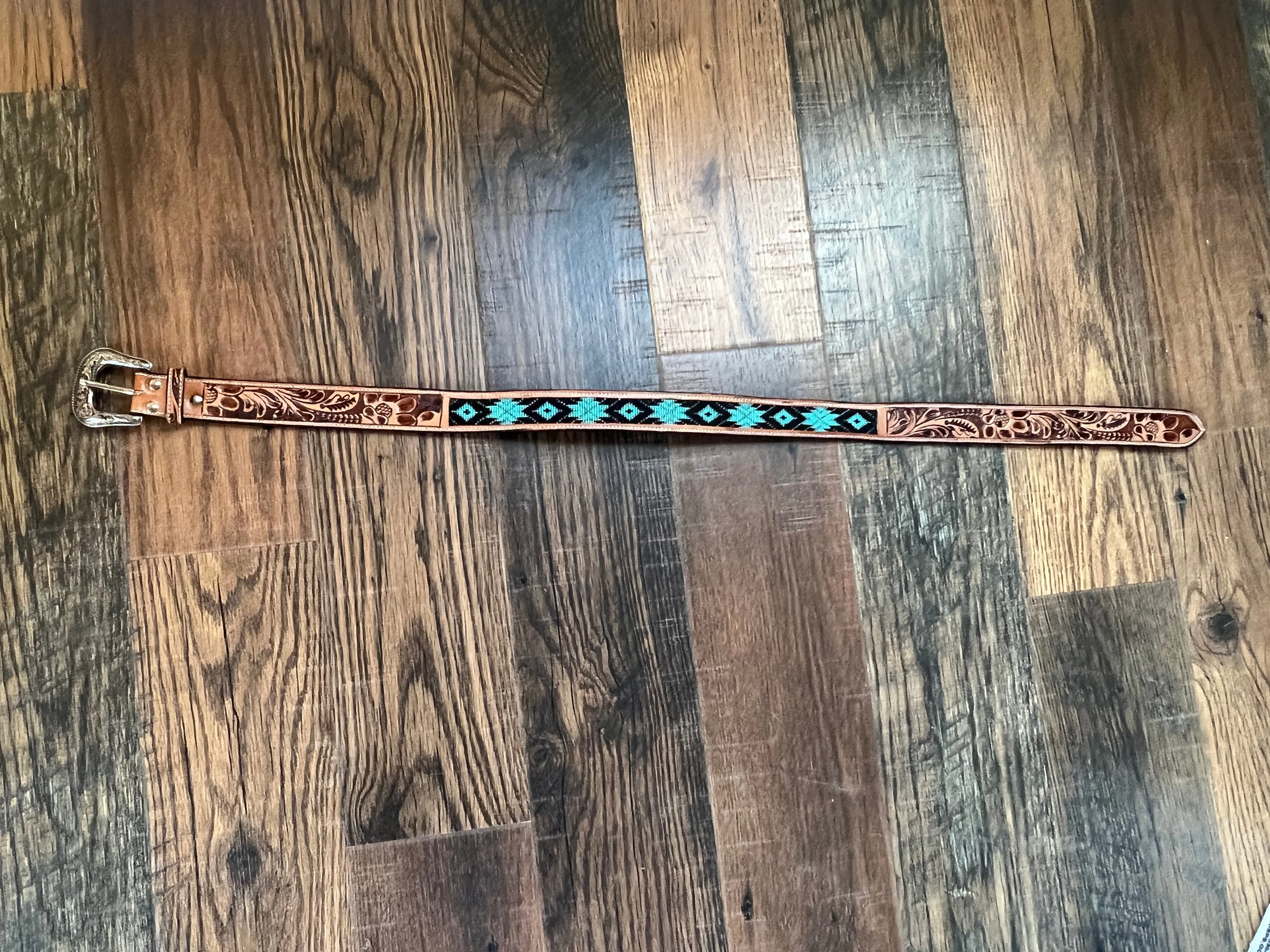 Handmade Leather Belt Tooled with Teal,Black & White Beading