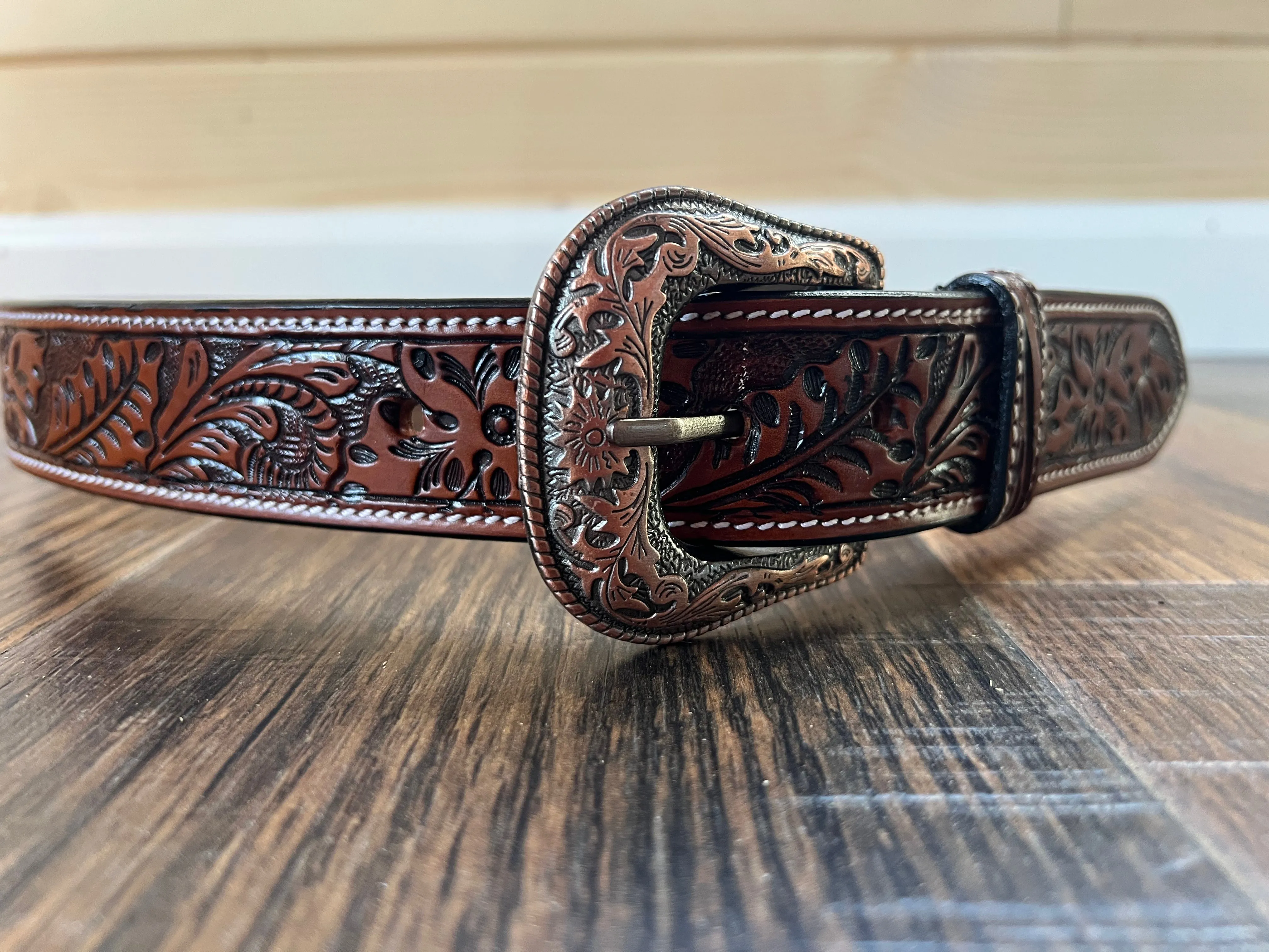 Handmade Leather Leaf Tooled Belt