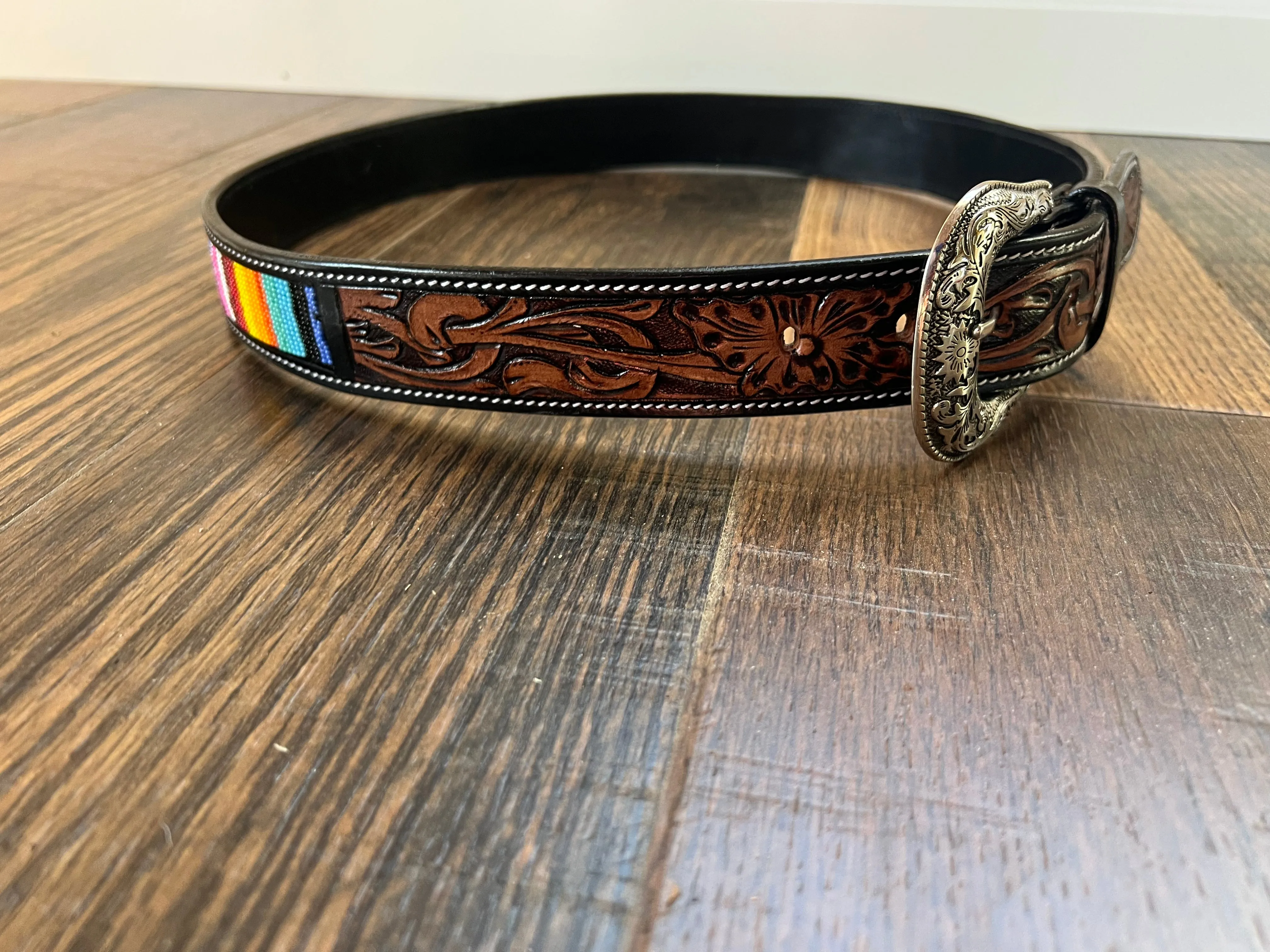 Handmade Leather Rainbow Beaded Tooled Belt