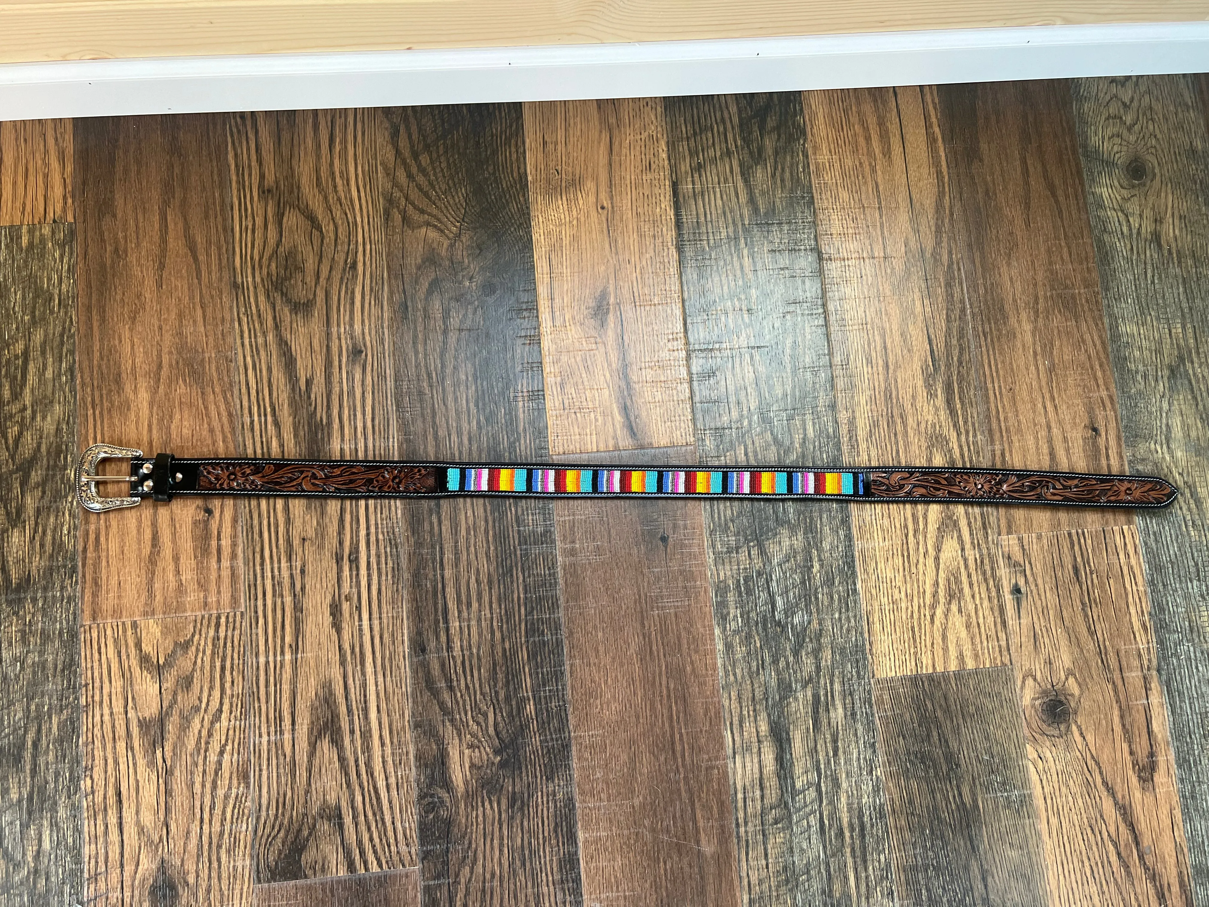 Handmade Leather Rainbow Beaded Tooled Belt