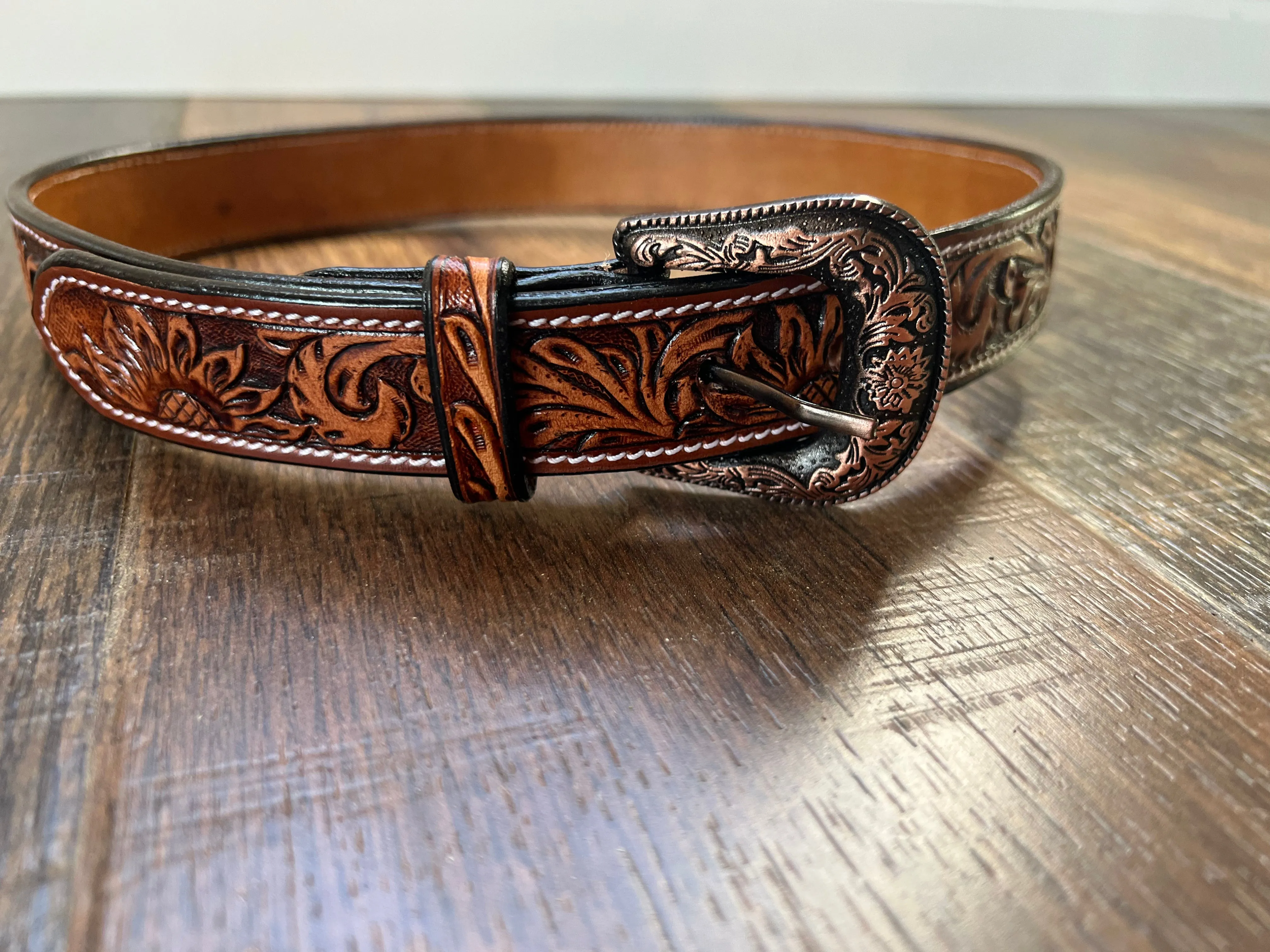 Handmade Leather Tooled Sunflower Belt
