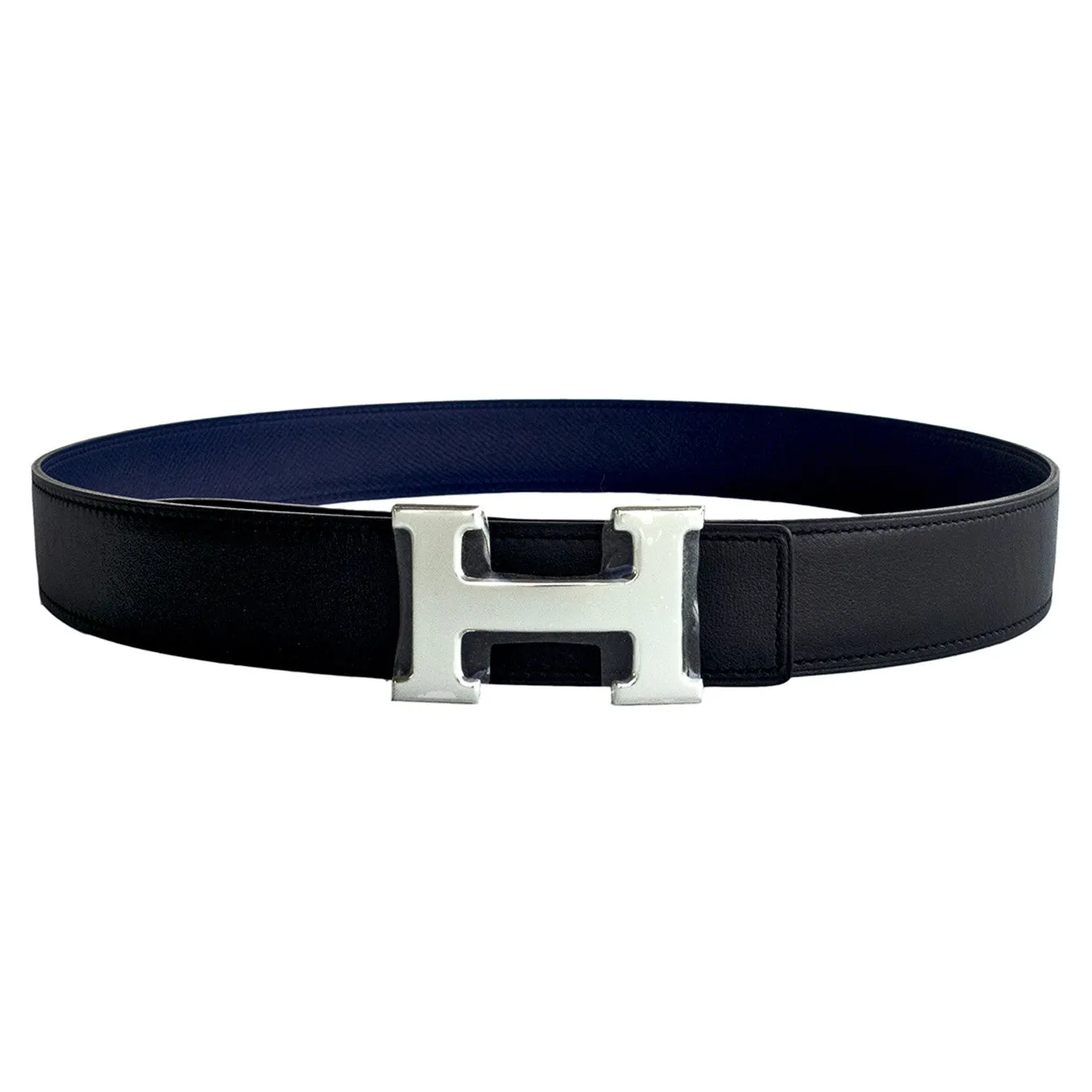 Hermes Blue Sapphire Black Reversible Unisex Constance Belt Kit Silver 32mm 85cm