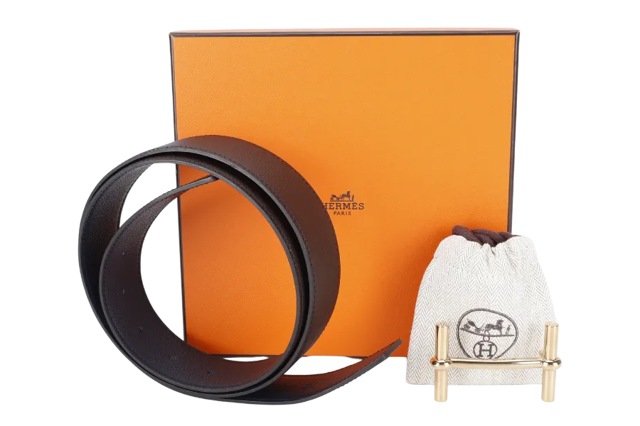 HERMES D'ANCRE GOLD BELT BUCKLE & BROWN BLUE REVERSIBLE LEATHER STRAP STAMP Y (YEAR 2020) WITH DUST COVER AND BOX