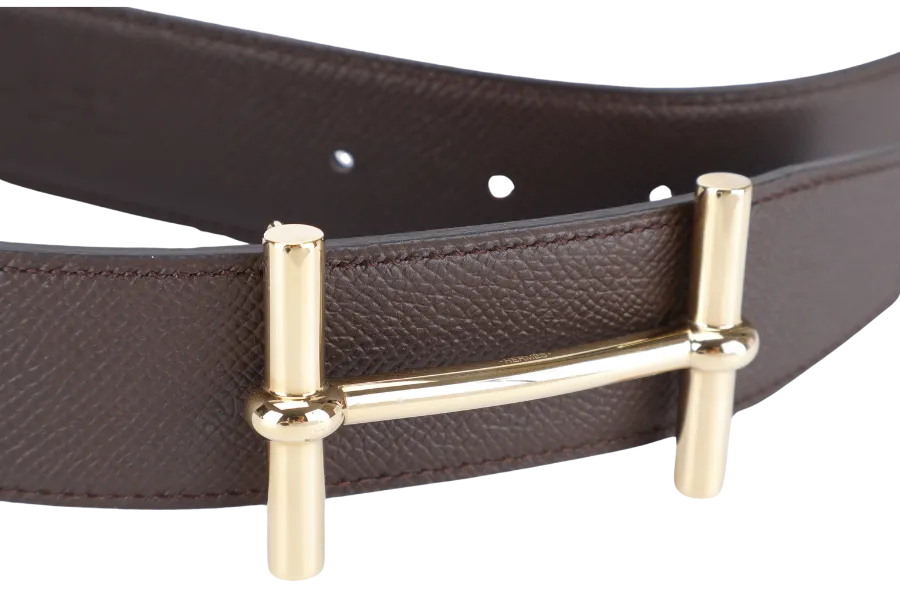 HERMES D'ANCRE GOLD BELT BUCKLE & BROWN BLUE REVERSIBLE LEATHER STRAP STAMP Y (YEAR 2020) WITH DUST COVER AND BOX