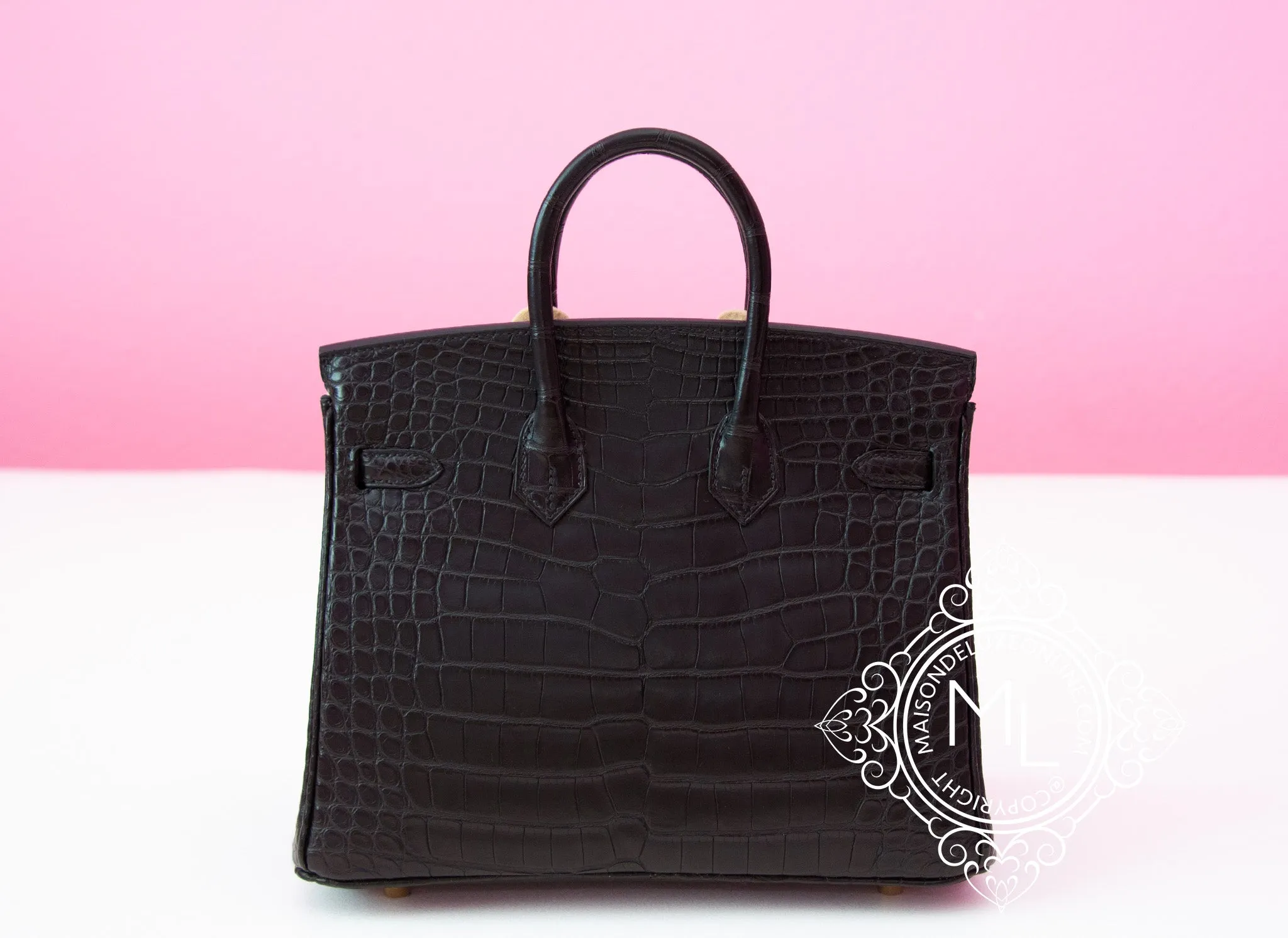 Hermes Noir Black Matte Crocodile Gold Birkin 25 Handbag