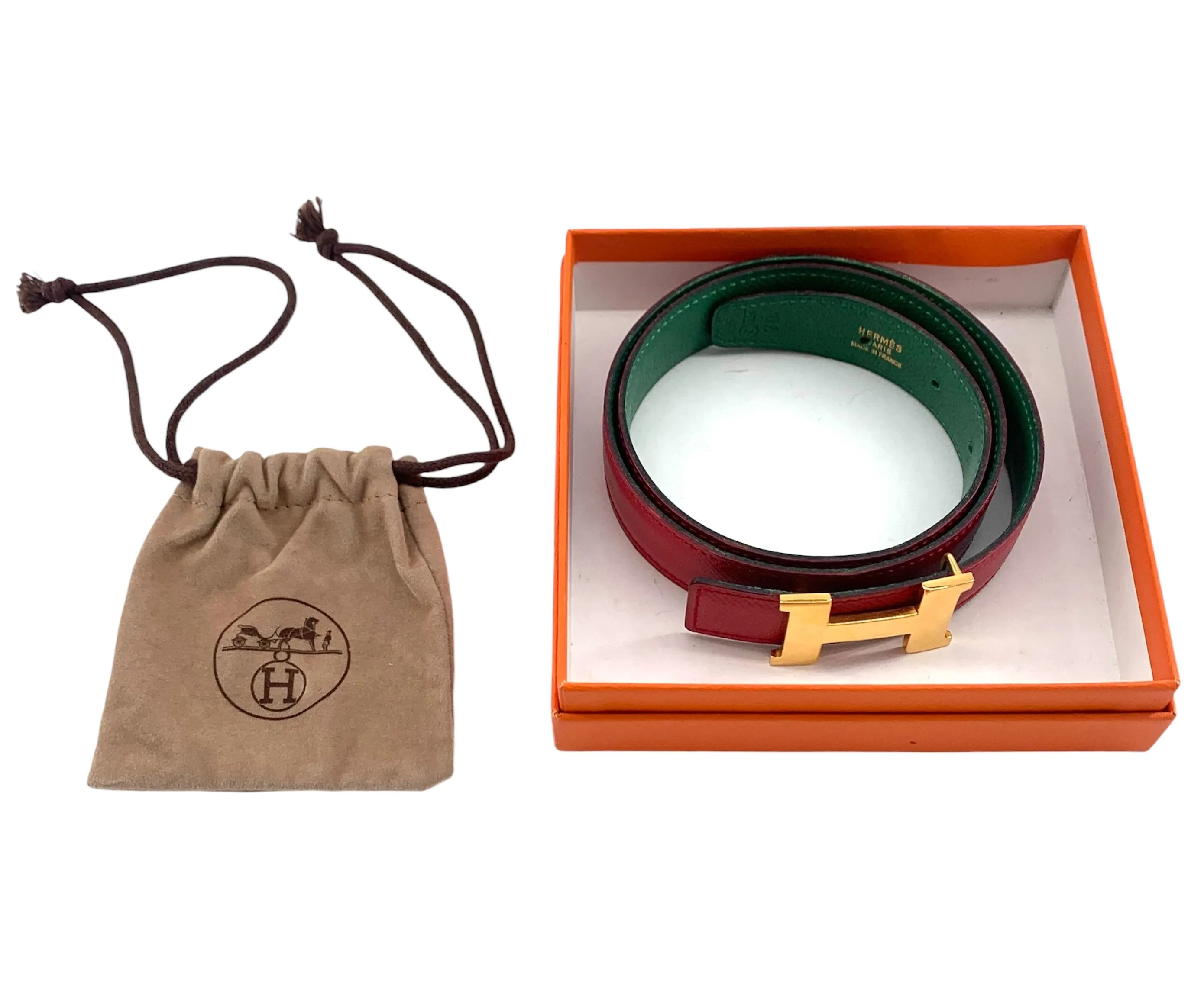 Hermès Constance 24 mm Reversible Red & Green Leather Gold Tone Mini H Belt