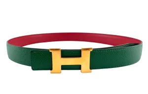 Hermès Constance 24 mm Reversible Red & Green Leather Gold Tone Mini H Belt