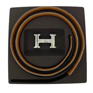 HERMÈS Unisex Constance Reversible Leather Belt with Palladium "H" Buckle - Cognac & Black