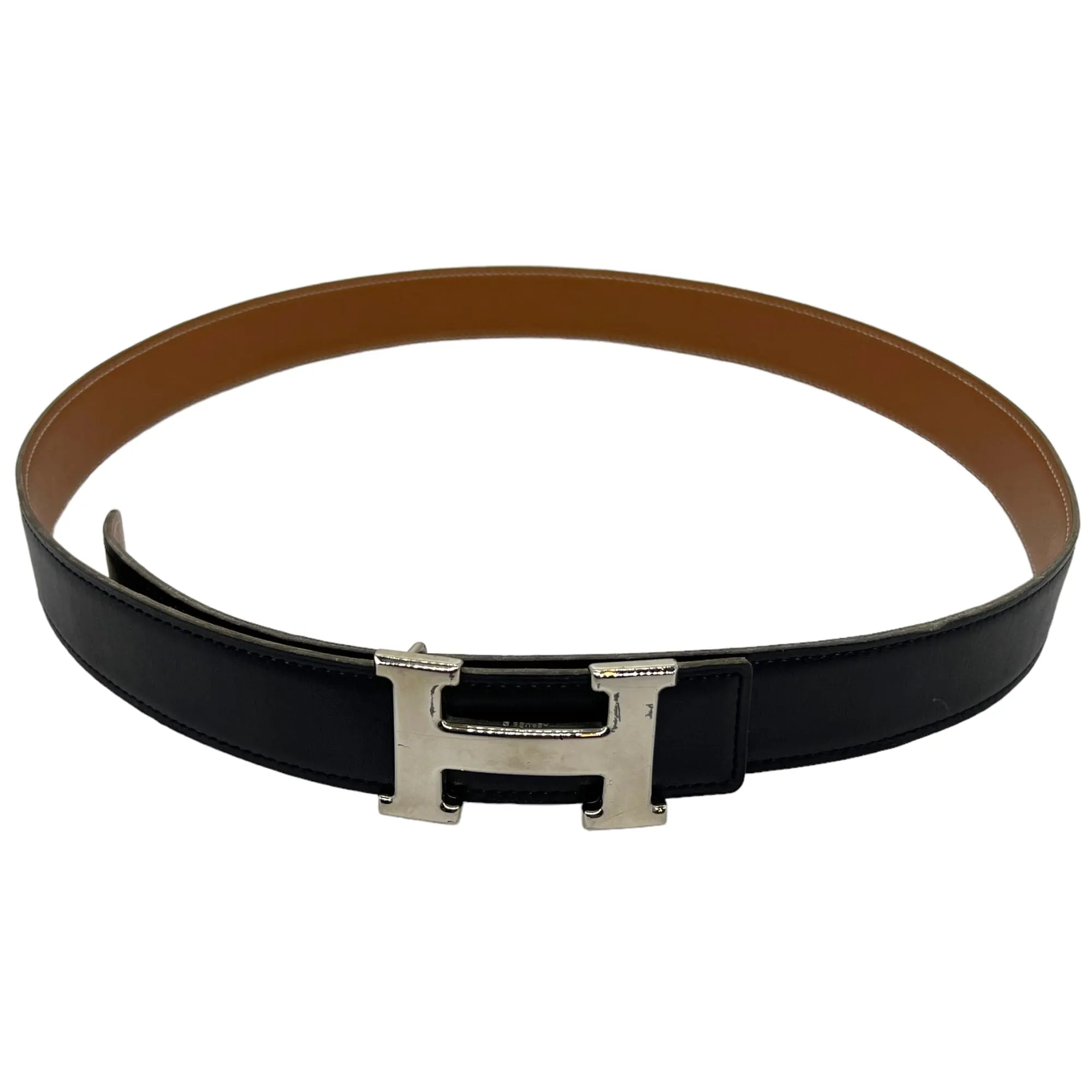 HERMÈS Unisex Constance Reversible Leather Belt with Palladium "H" Buckle - Cognac & Black