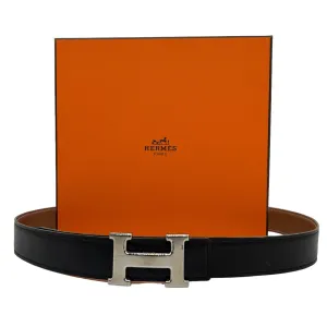 HERMÈS Unisex Constance Reversible Leather Belt with Palladium "H" Buckle - Cognac & Black