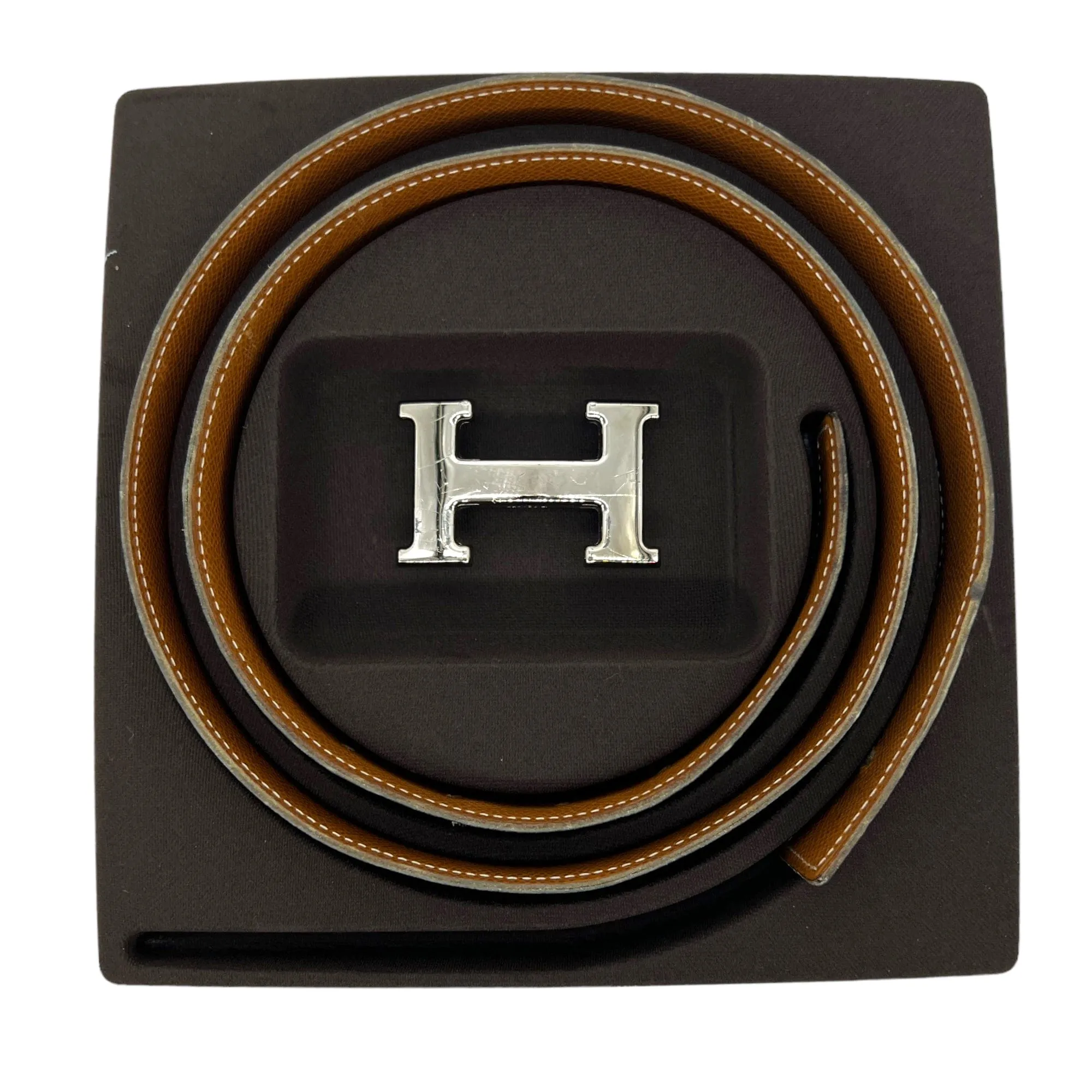HERMÈS Unisex Constance Reversible Leather Belt with Palladium "H" Buckle - Cognac & Black