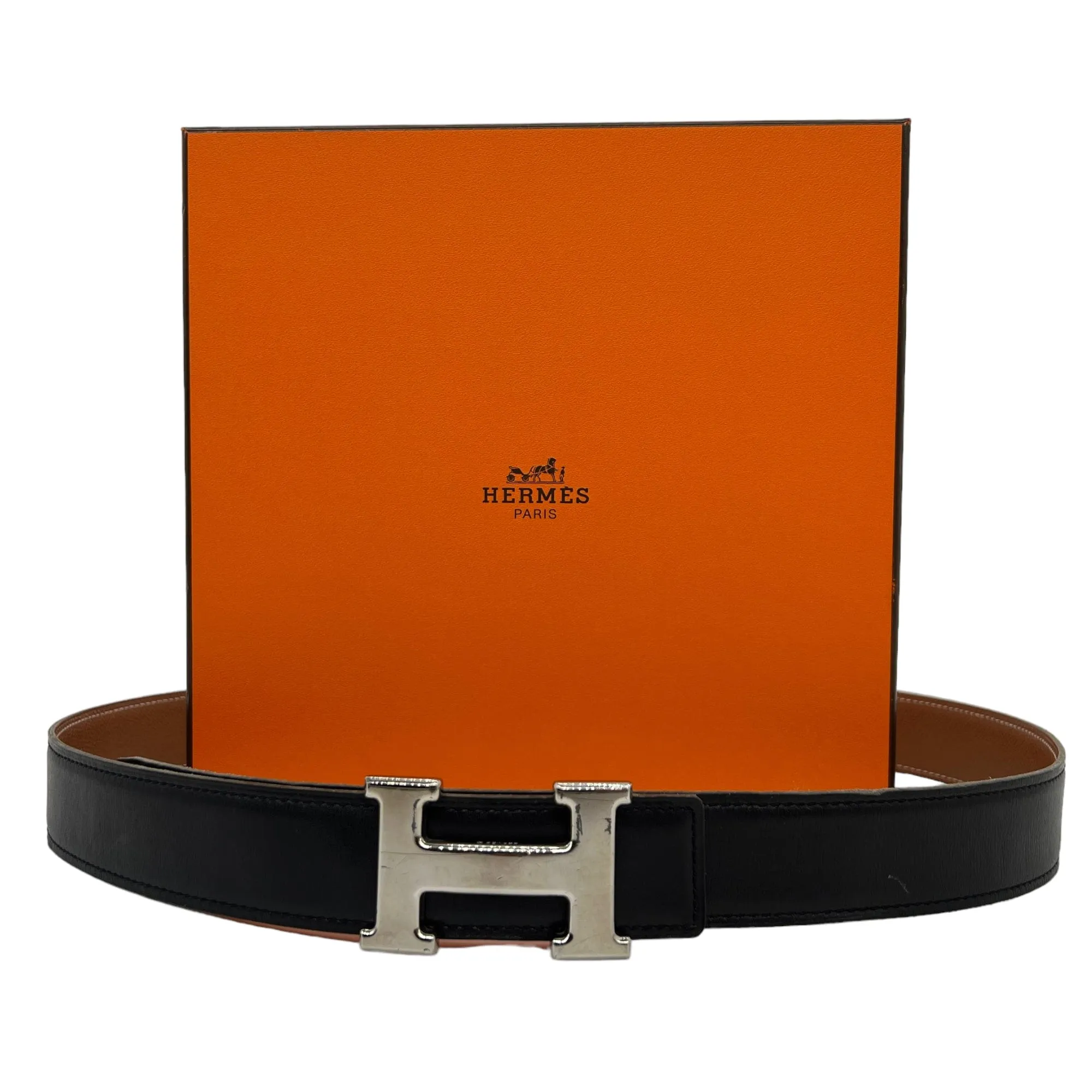 HERMÈS Unisex Constance Reversible Leather Belt with Palladium "H" Buckle - Cognac & Black