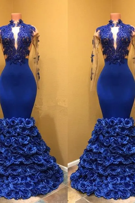 High Neck Mermaid Prom Dress, Flowers Prom Party Gowns