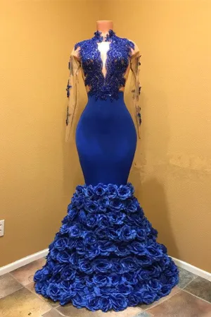High Neck Mermaid Prom Dress, Flowers Prom Party Gowns