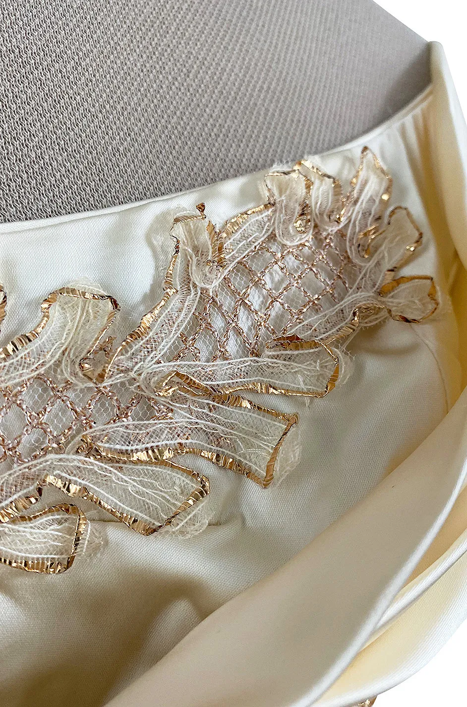 Incredible 1950s Ceil Chapman Ivory Silk Satin Dress w Gold Metal Ribbon Detailing