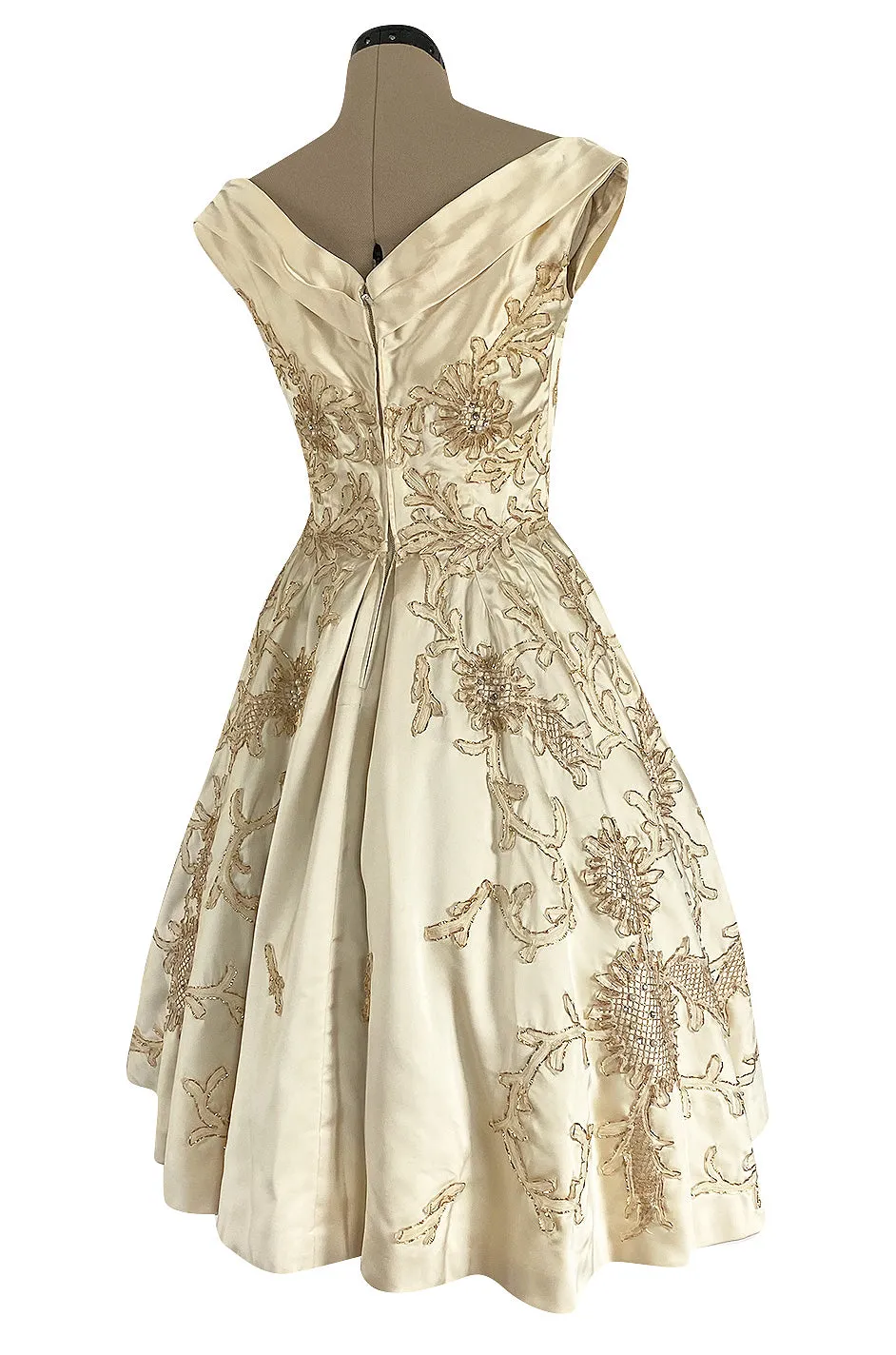 Incredible 1950s Ceil Chapman Ivory Silk Satin Dress w Gold Metal Ribbon Detailing