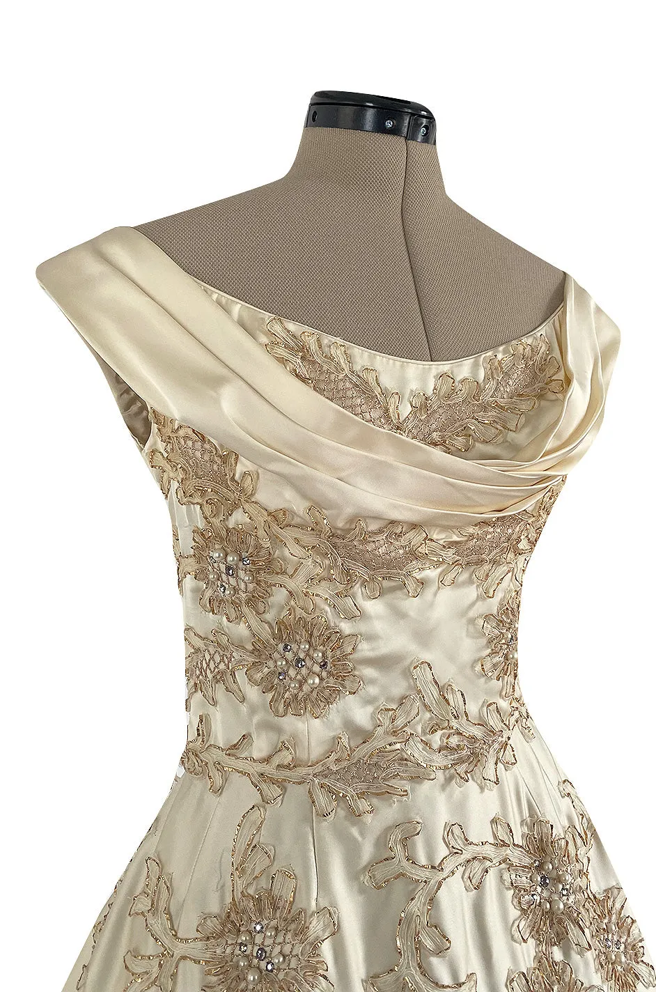Incredible 1950s Ceil Chapman Ivory Silk Satin Dress w Gold Metal Ribbon Detailing